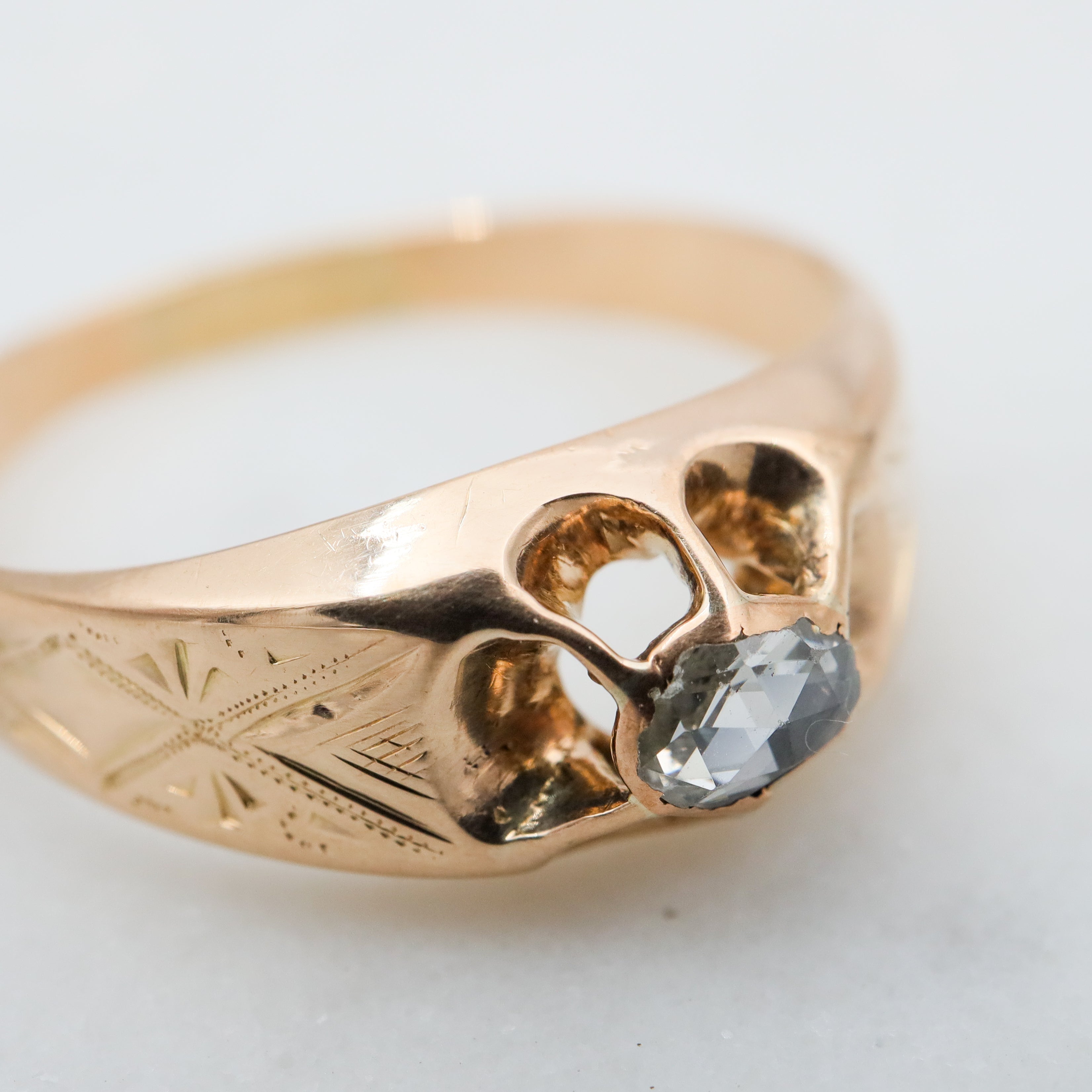 Early Victorian 14k gold rose cut diamond ring, sz 6.5