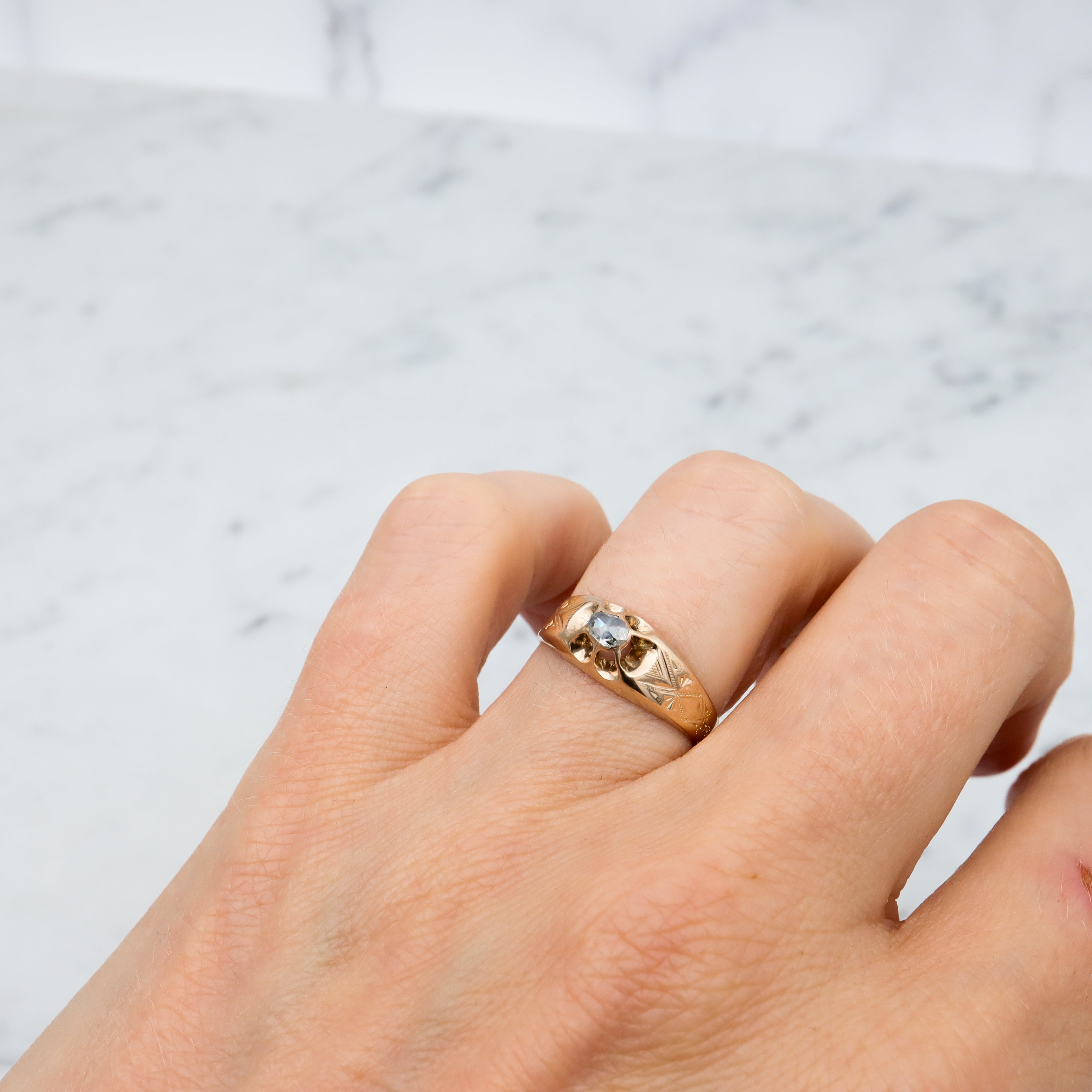 Early Victorian 14k gold rose cut diamond ring, sz 6.5