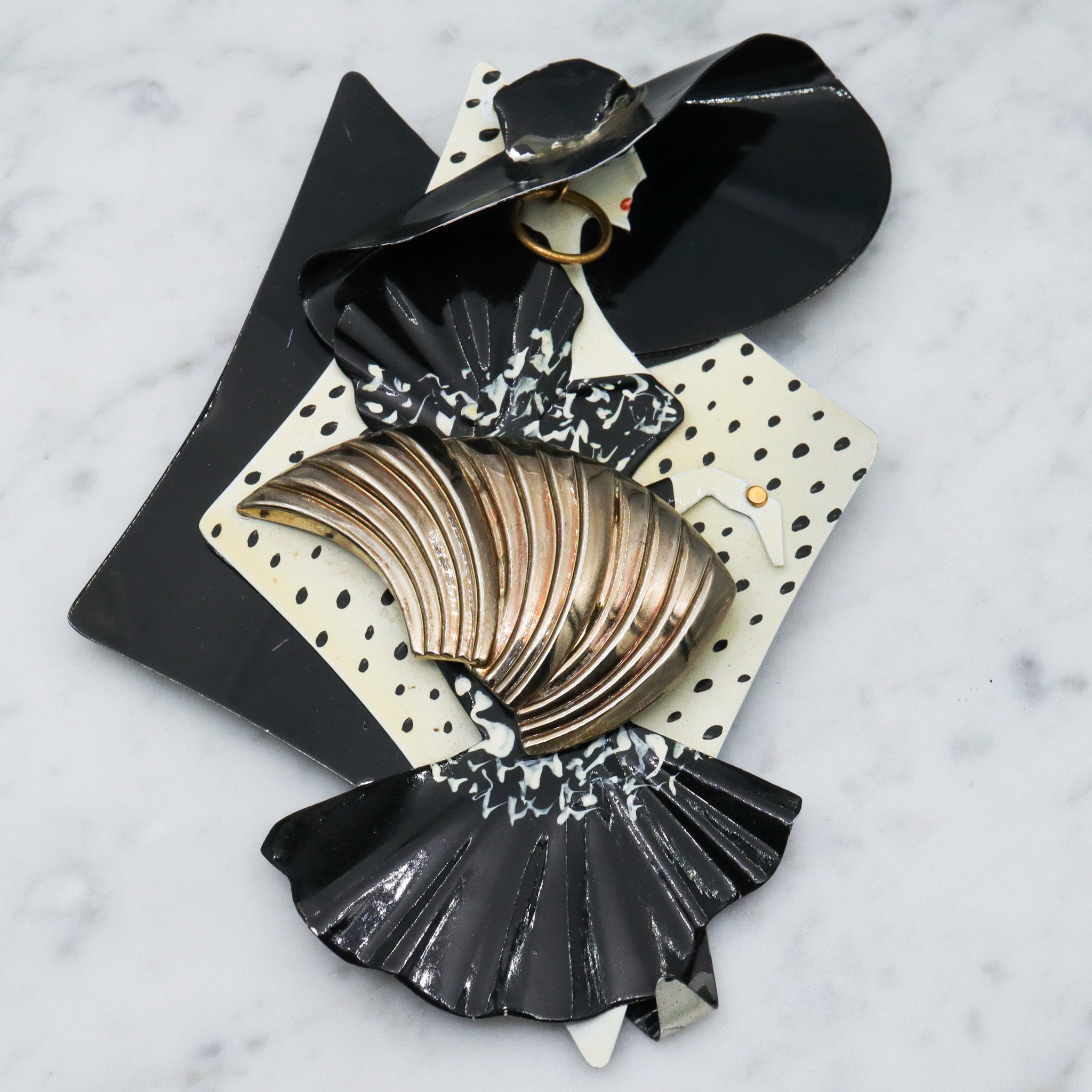 Huge 1980's handmade black & white lady brooch