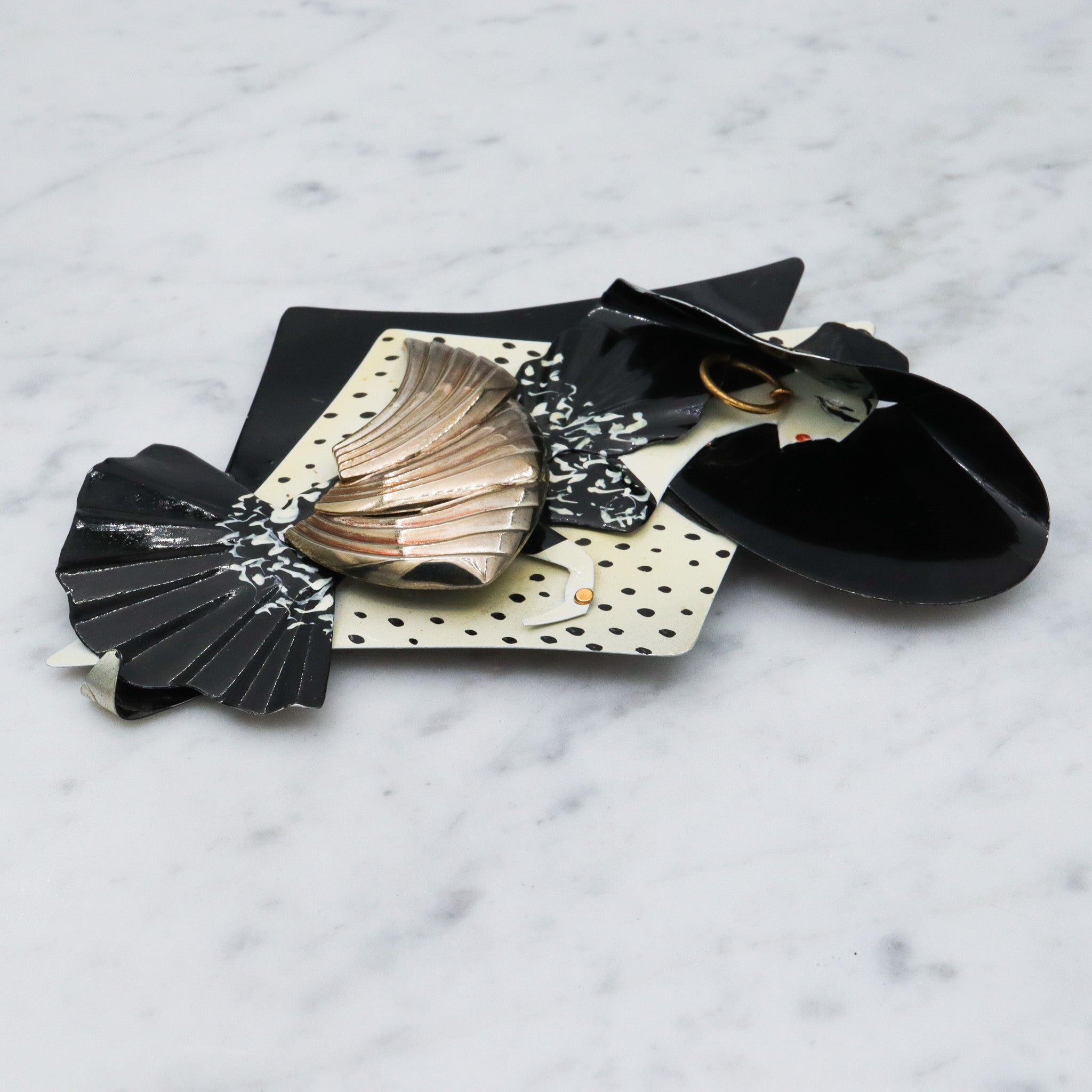 Huge 1980's handmade black & white lady brooch