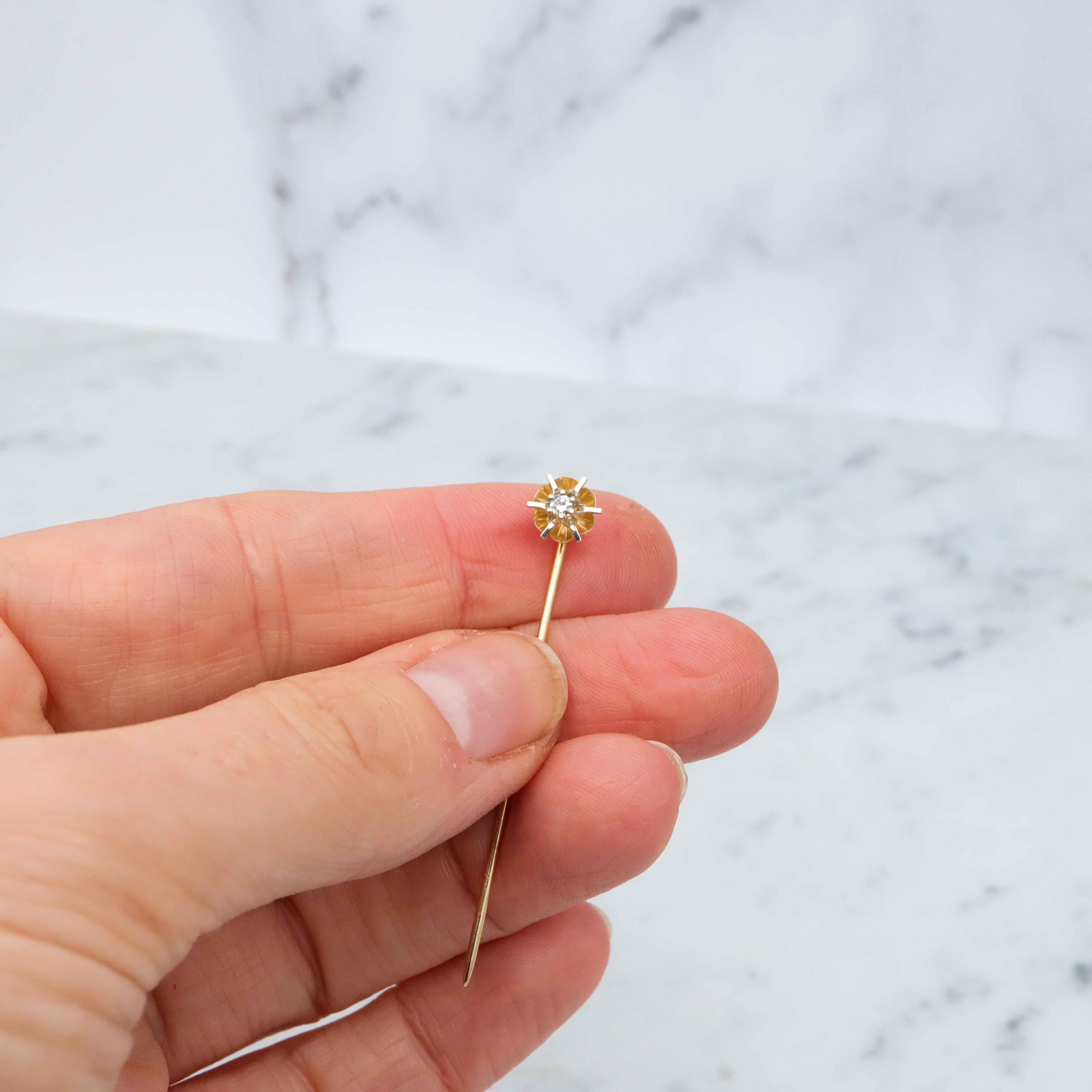 Antique Art Deco 14k gold & diamond starburst stick pin