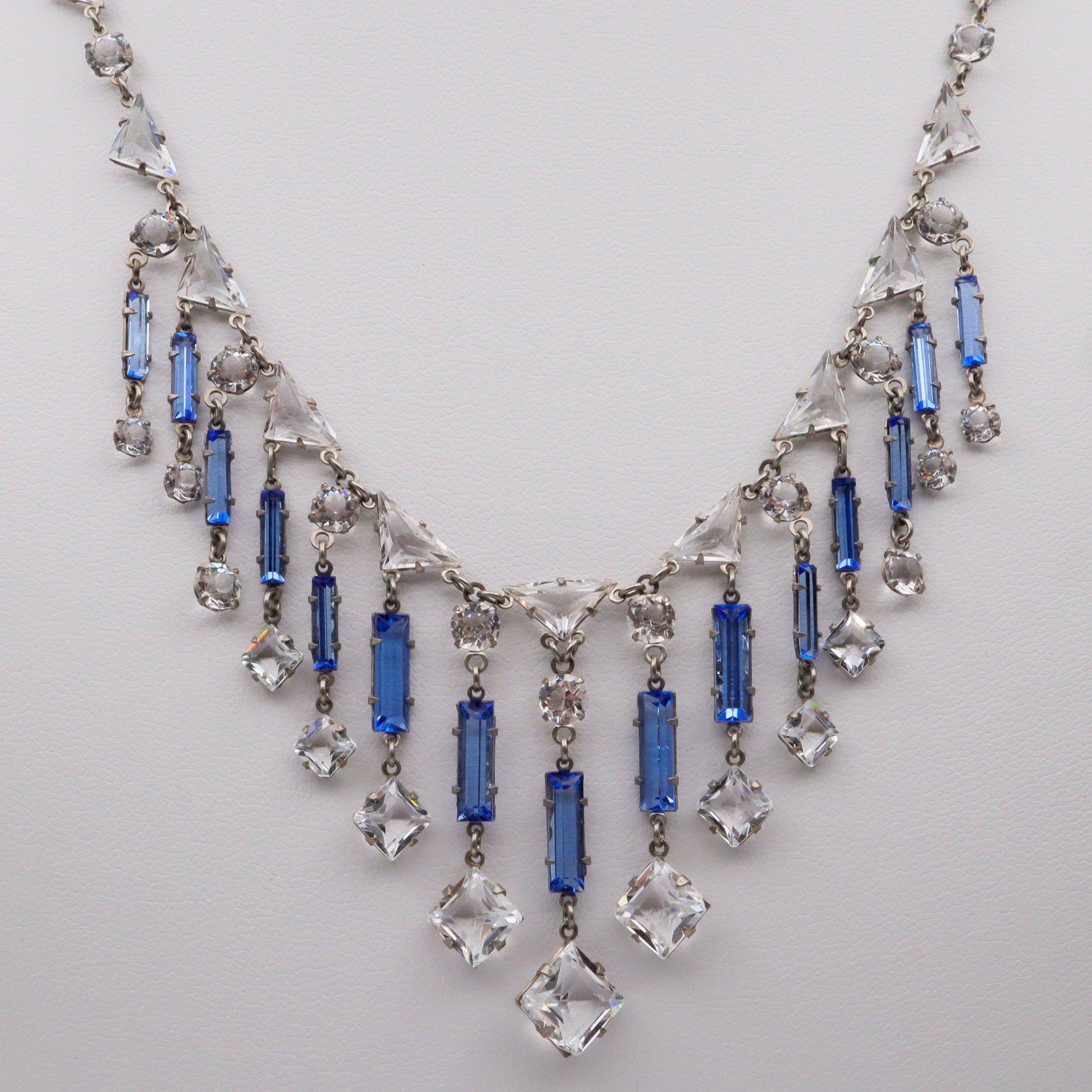 Antique Art Deco silver tone open back crystal chandelier necklace