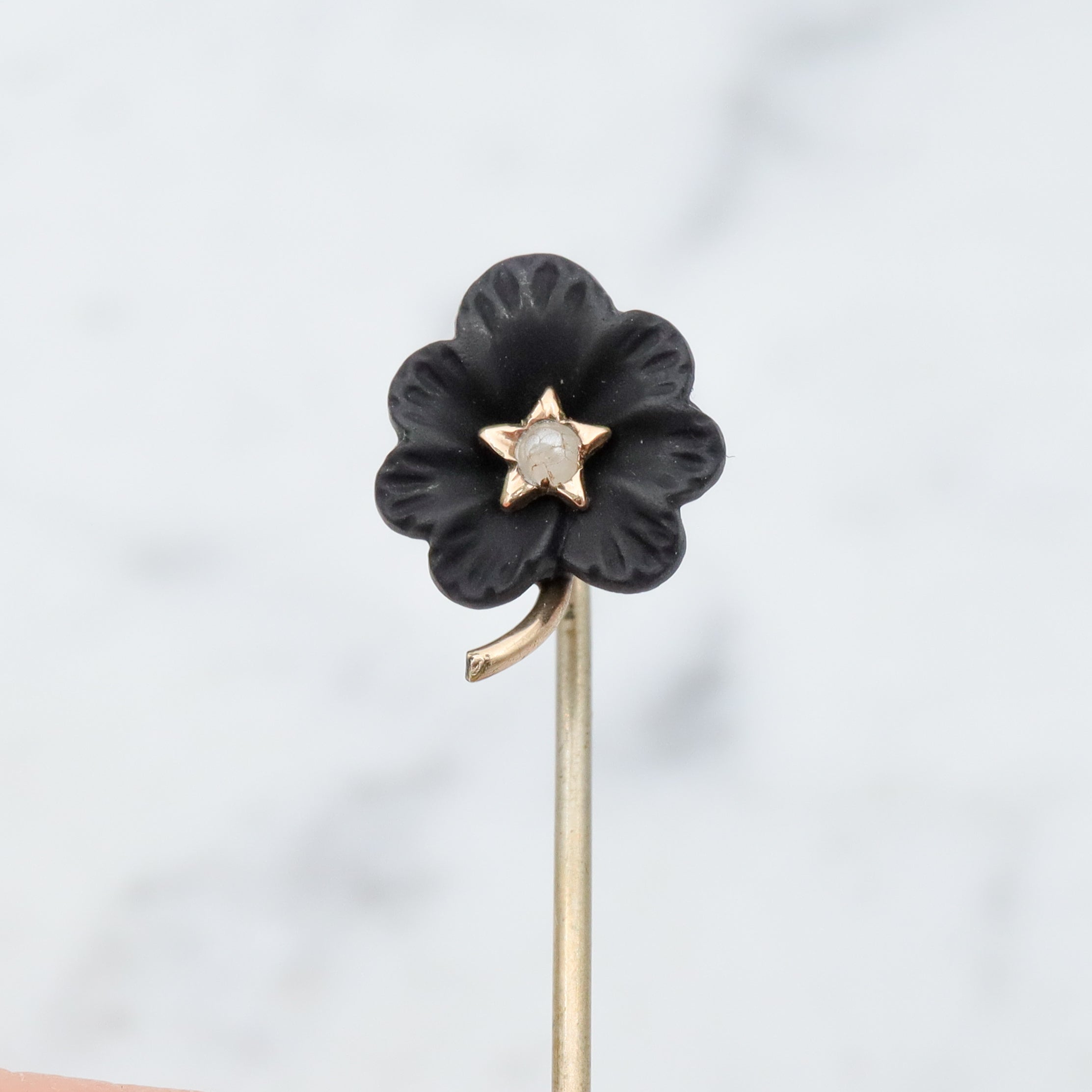 Antique Victorian carved Whitby jet flower gold filled stick pin