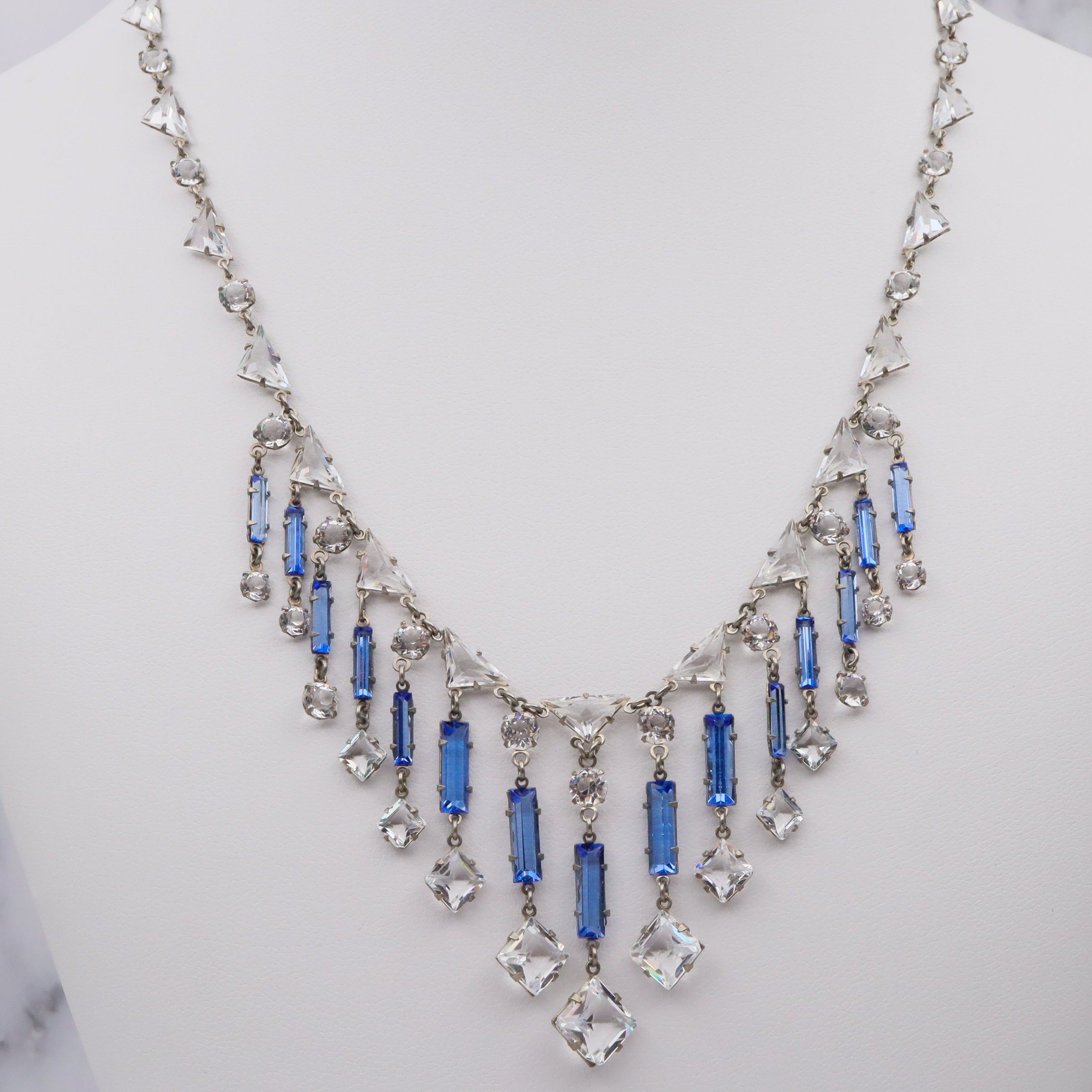 Antique Art Deco silver tone open back crystal chandelier necklace