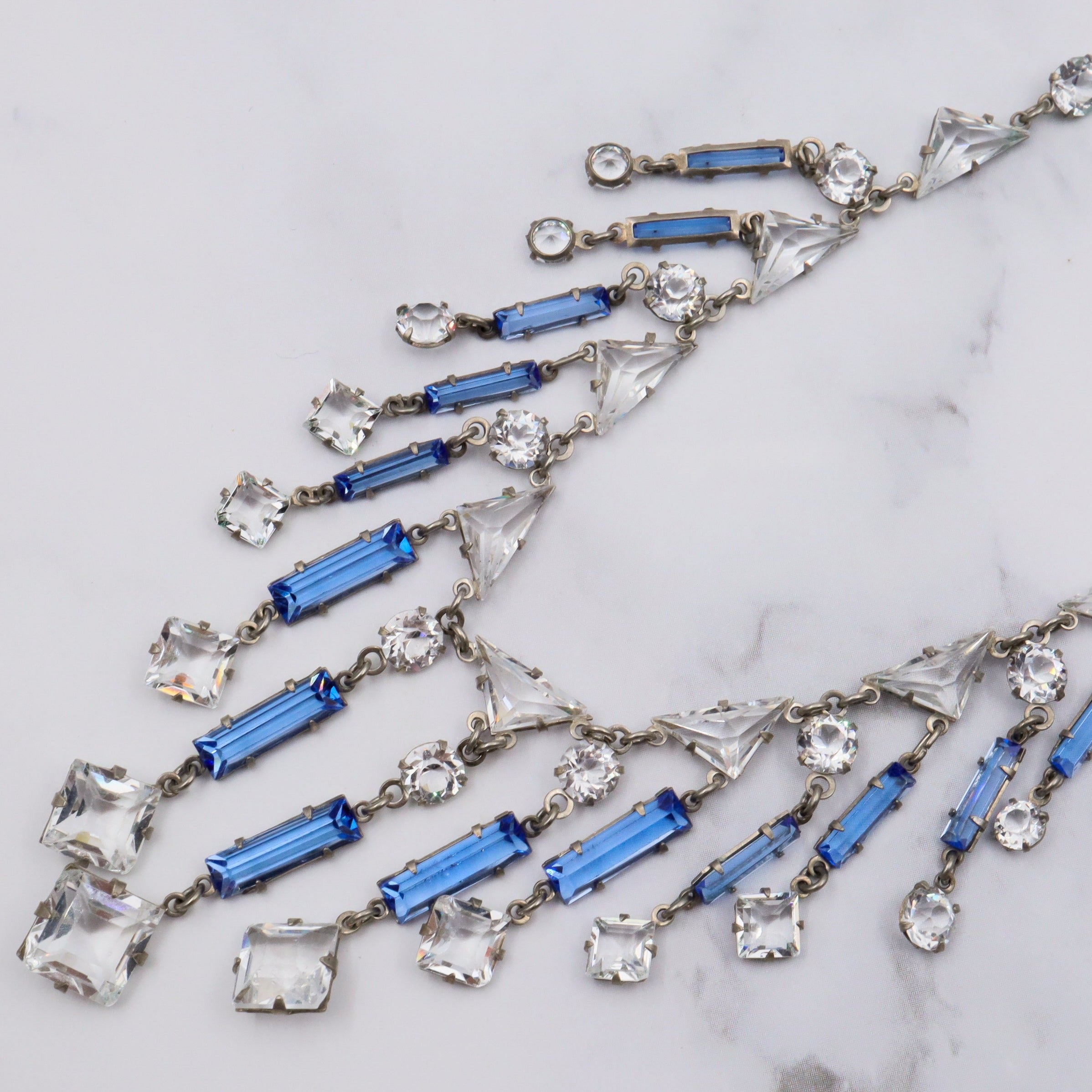 Antique Art Deco silver tone open back crystal chandelier necklace