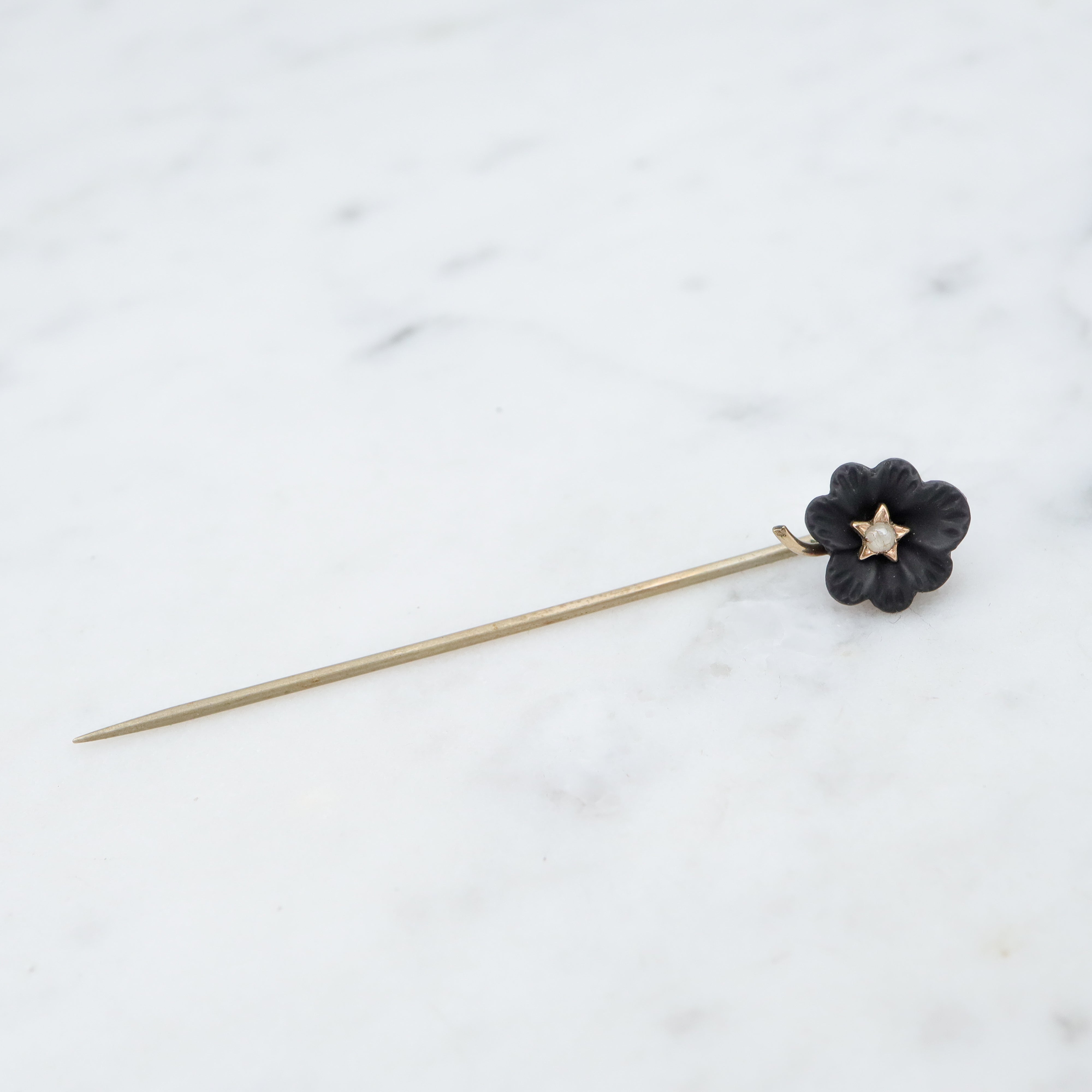 Antique Victorian carved Whitby jet flower gold filled stick pin