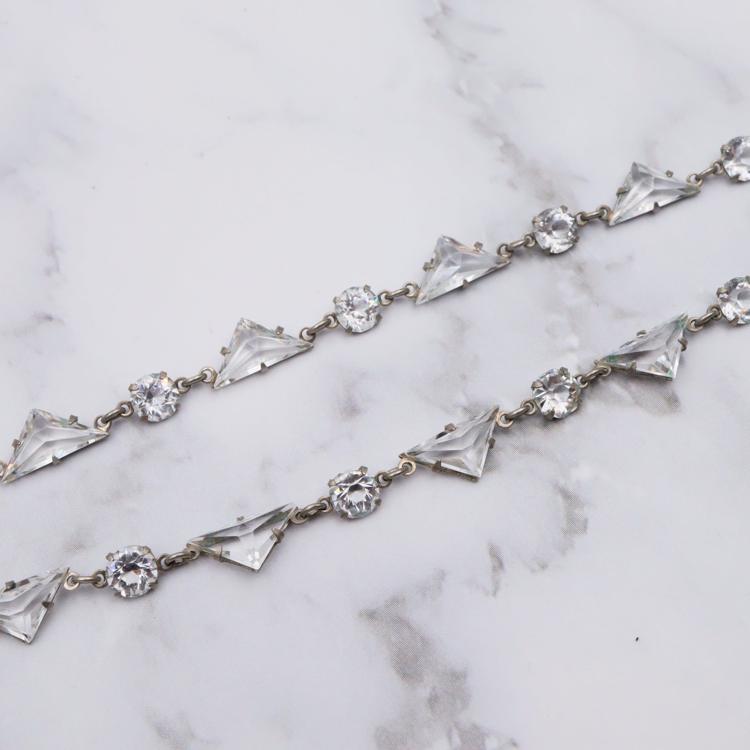 Antique Art Deco silver tone open back crystal chandelier necklace