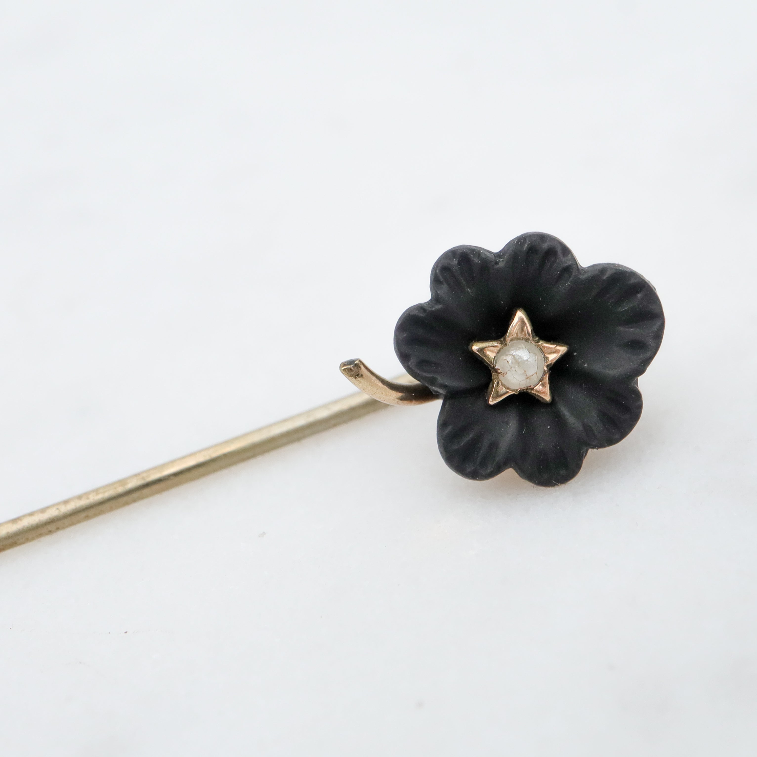 Antique Victorian carved Whitby jet flower gold filled stick pin