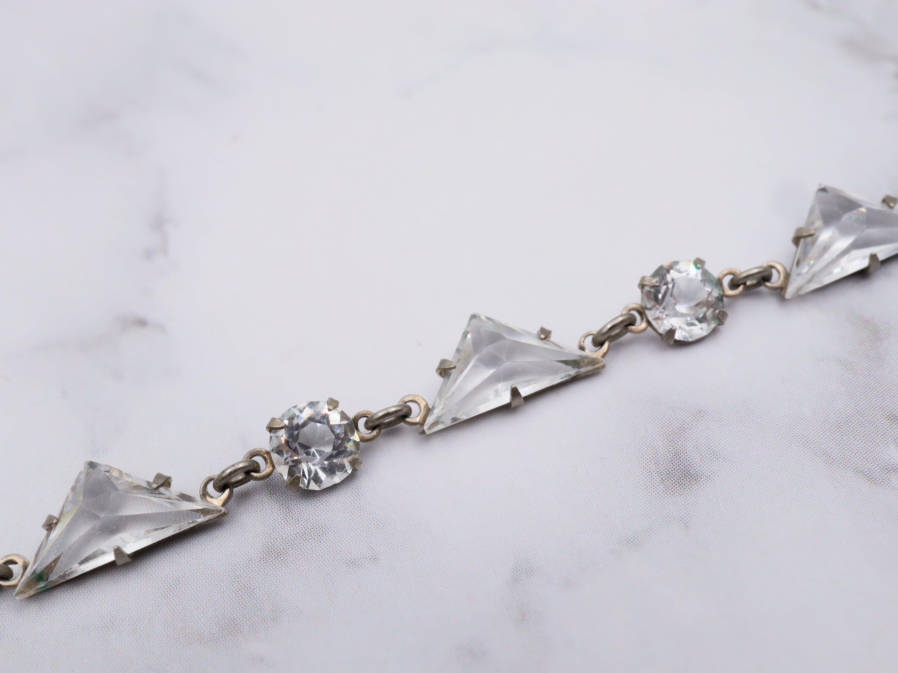 Antique art deco silver tone open back crystal chandelier necklace
