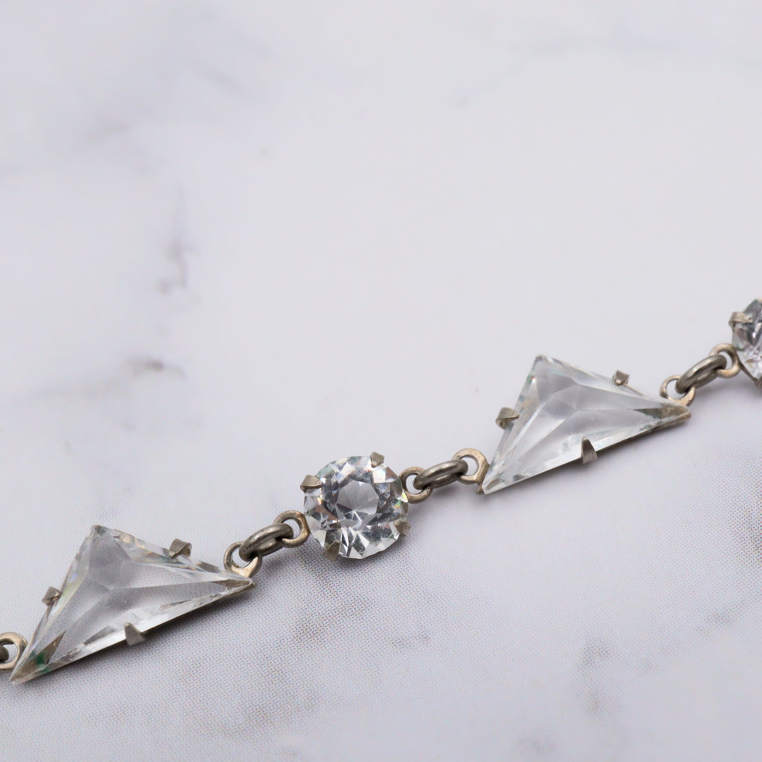 Antique Art Deco silver tone open back crystal chandelier necklace