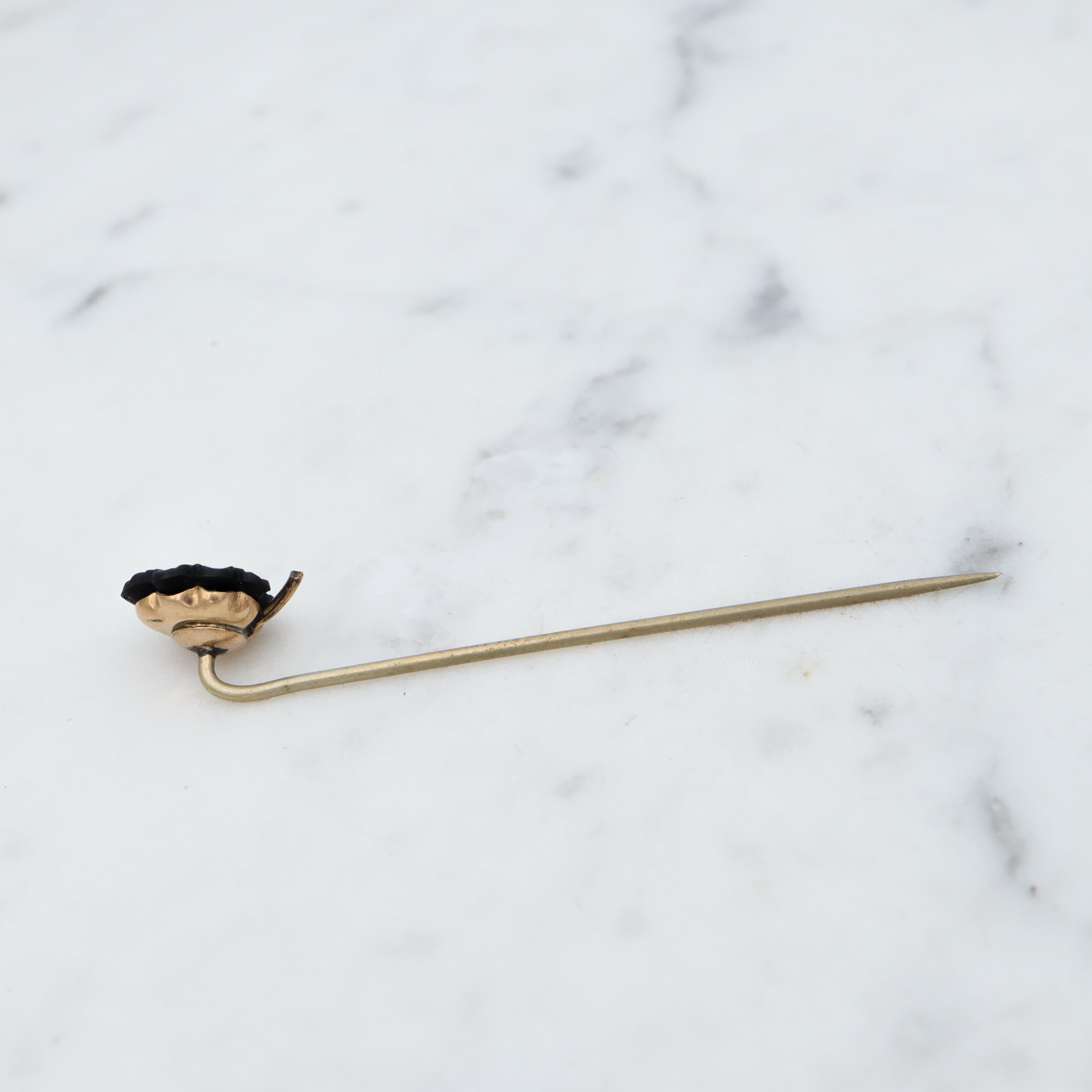 Antique Victorian carved Whitby jet flower gold filled stick pin