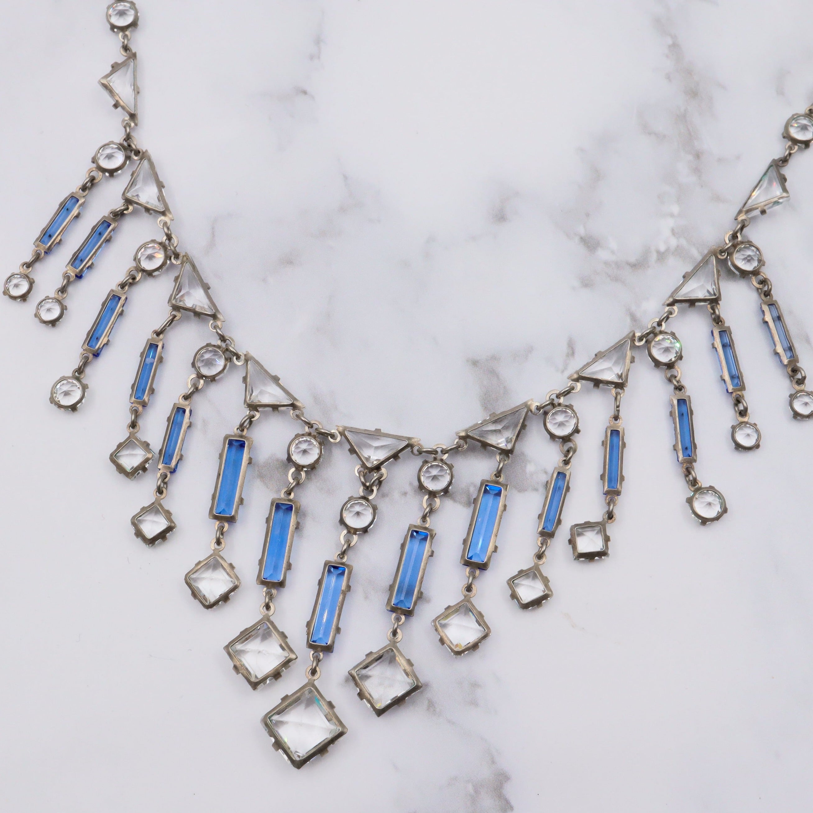 Antique Art Deco silver tone open back crystal chandelier necklace