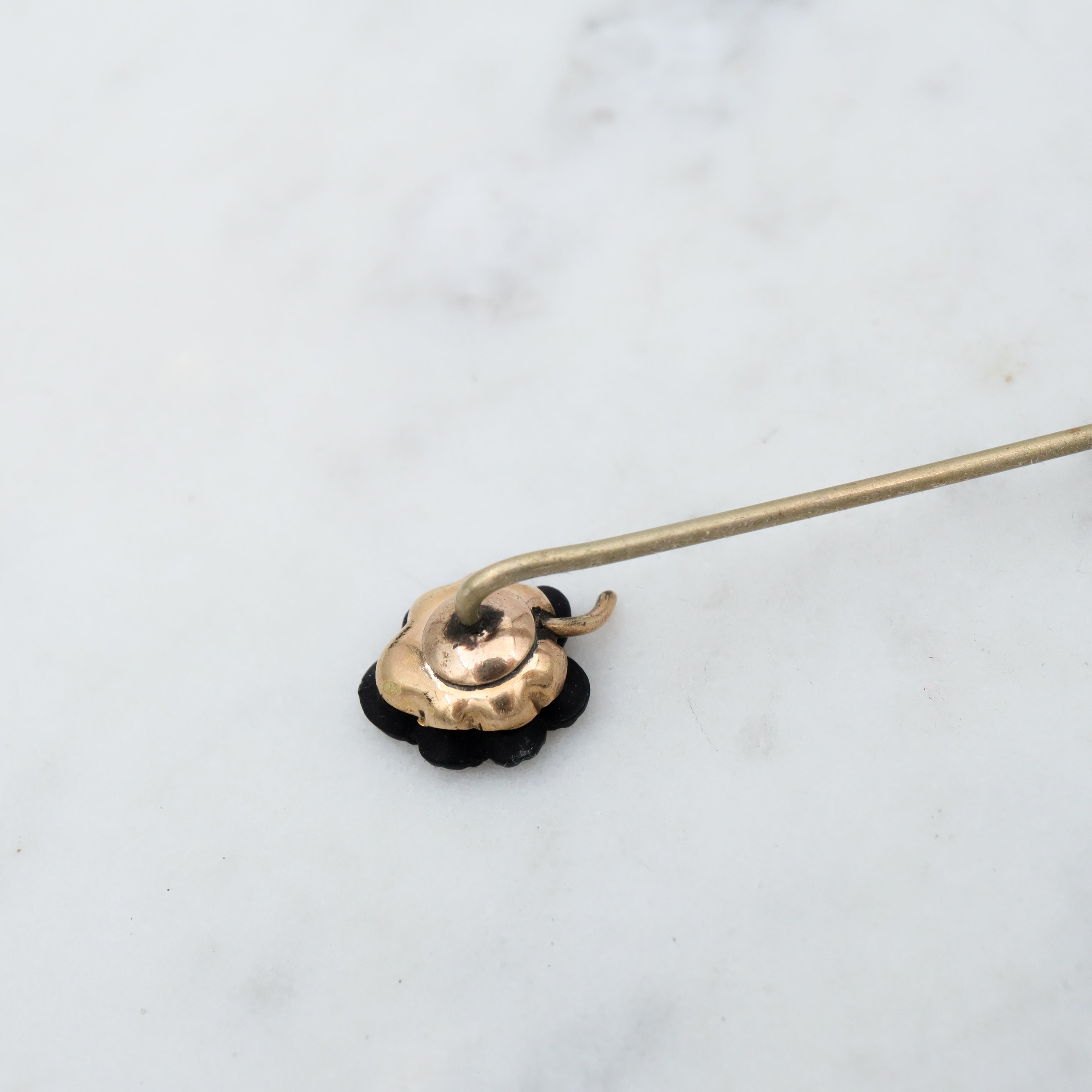 Antique Victorian carved Whitby jet flower gold filled stick pin