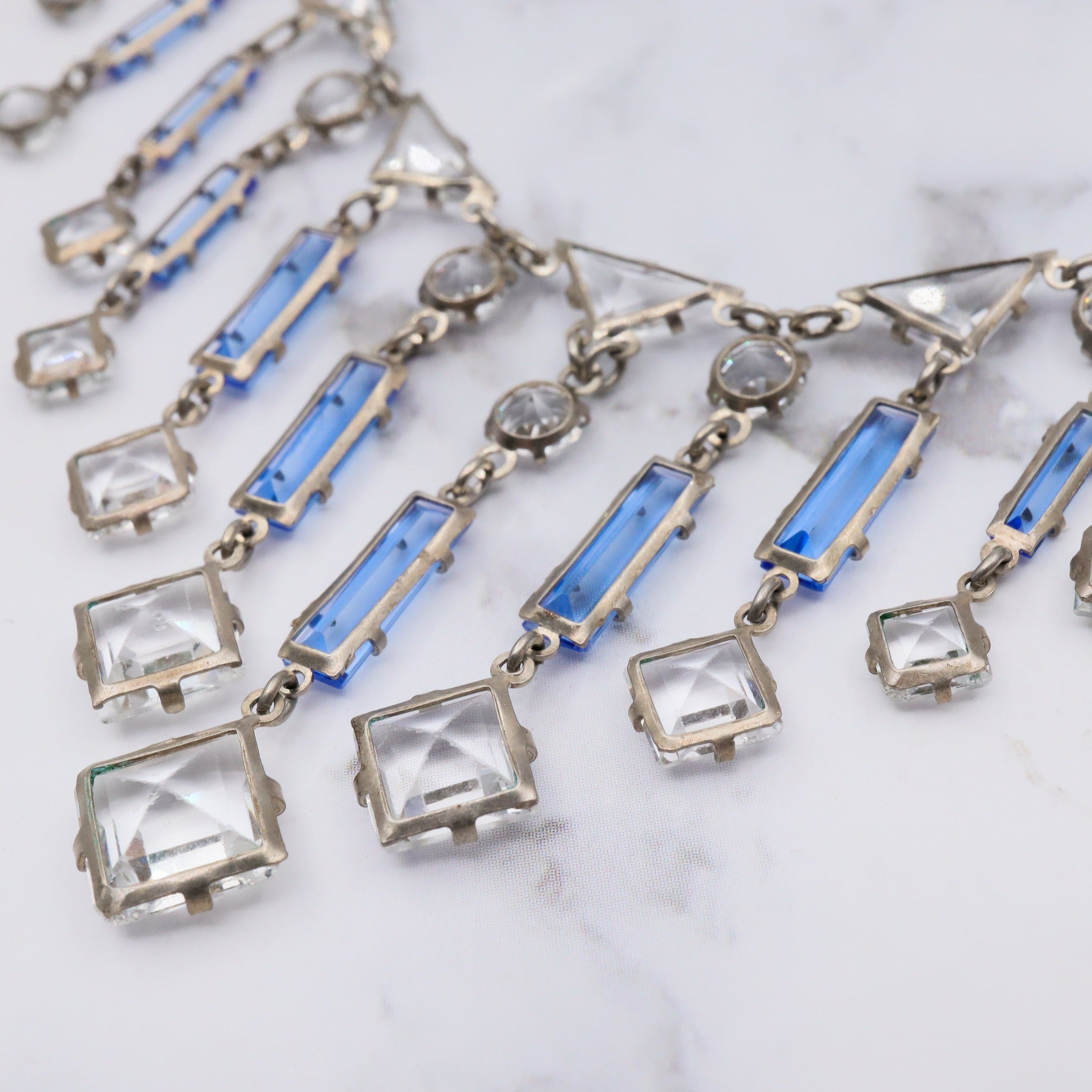 Antique Art Deco silver tone open back crystal chandelier necklace