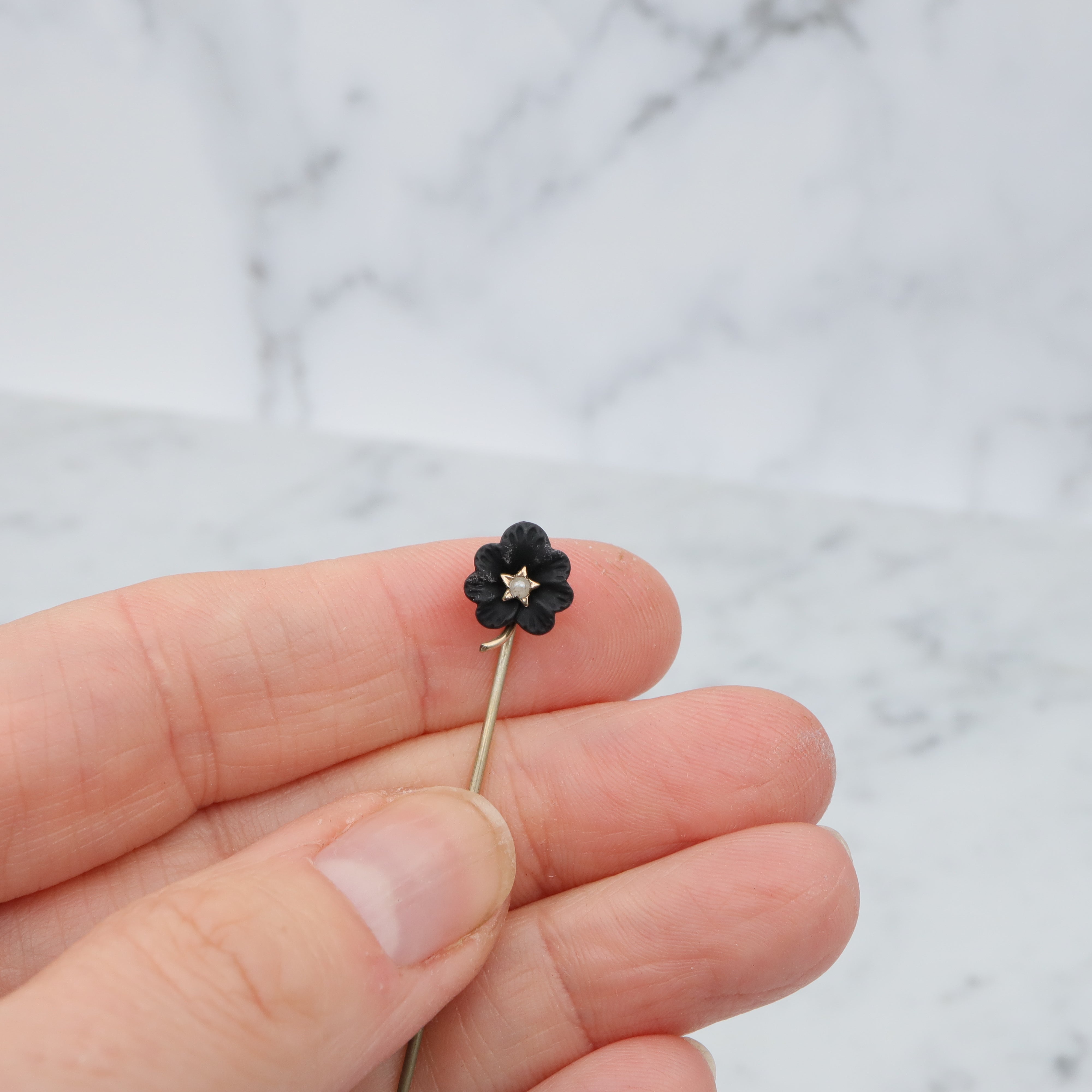 Antique Victorian carved Whitby jet flower gold filled stick pin