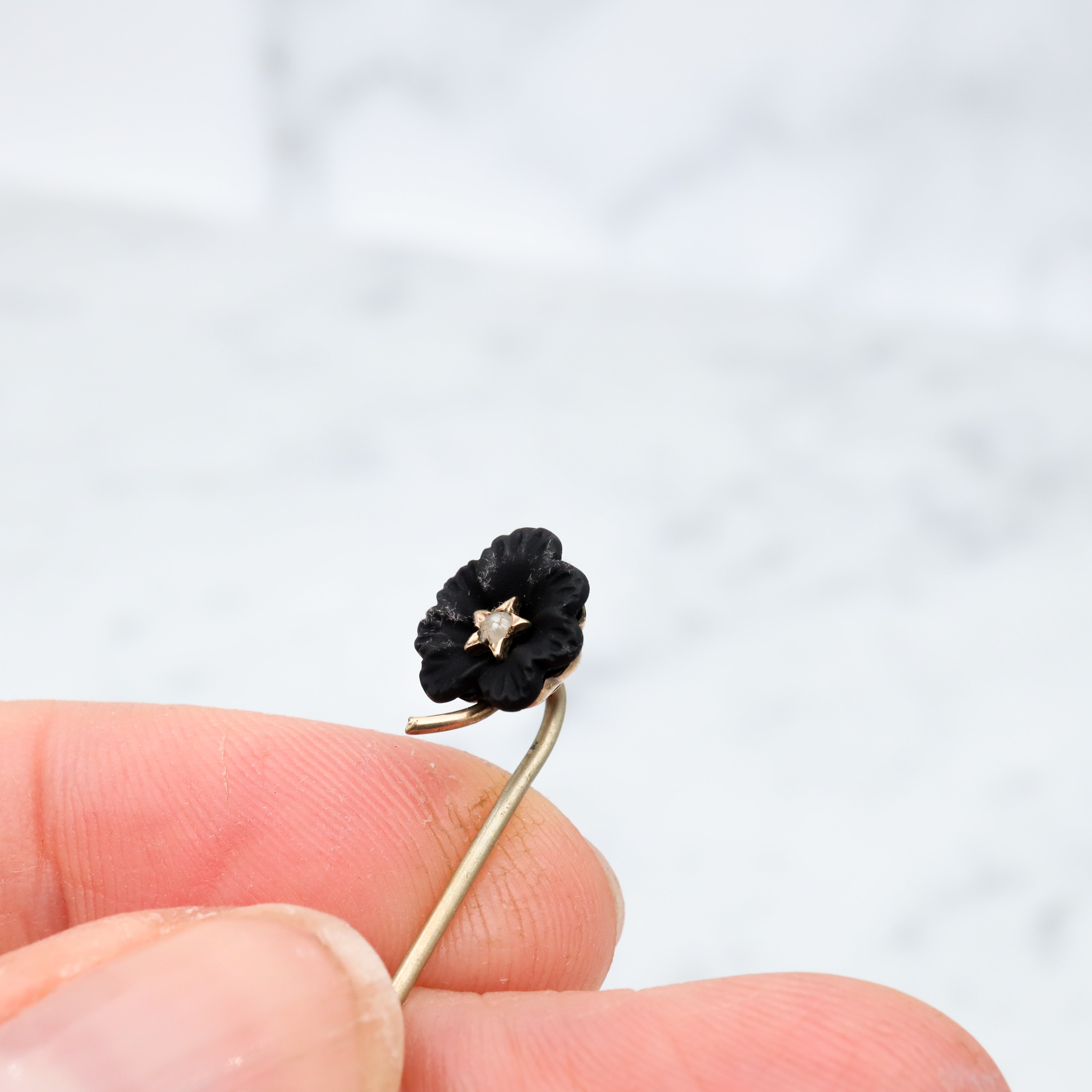 Antique Victorian carved Whitby jet flower gold filled stick pin