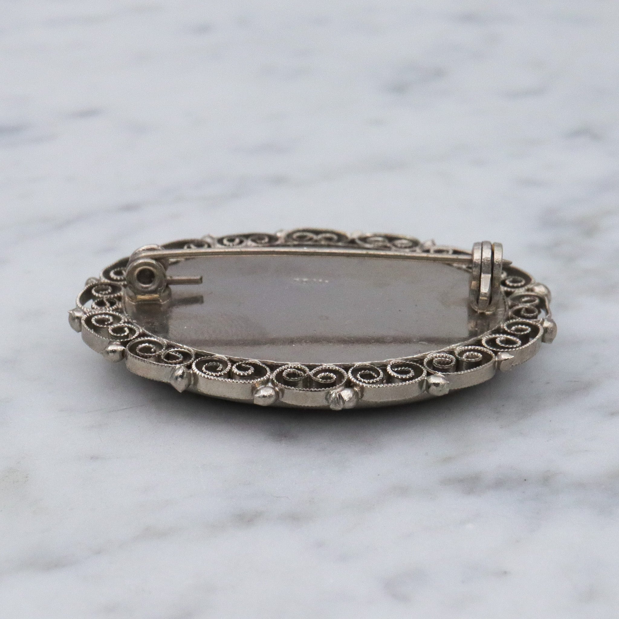 Vintage Spanish silver tone micro mosaic tile brooch