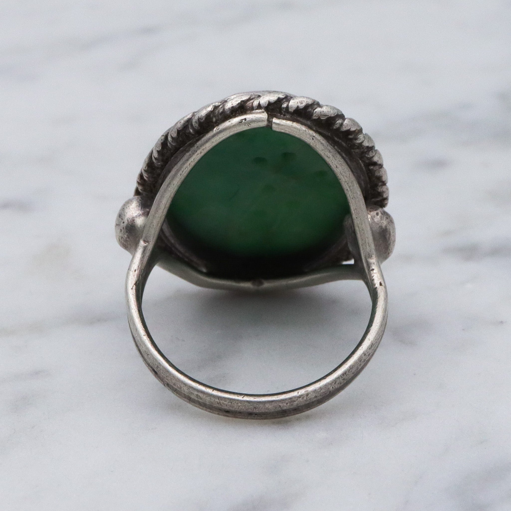Antique Asian carved jade sterling silver ring, sz 6.75