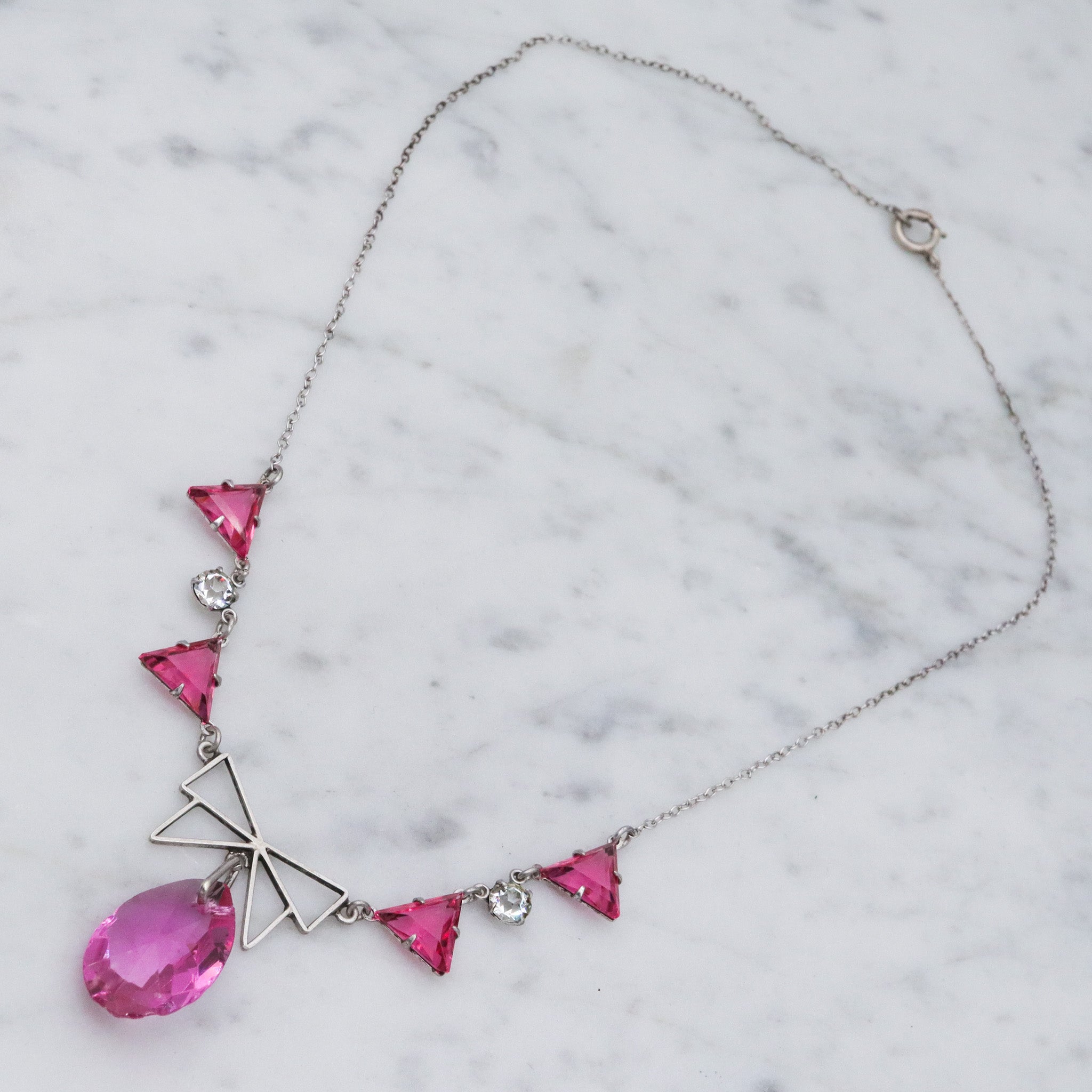 Antique Art Deco sterling silver pink crystal triangle drop necklace