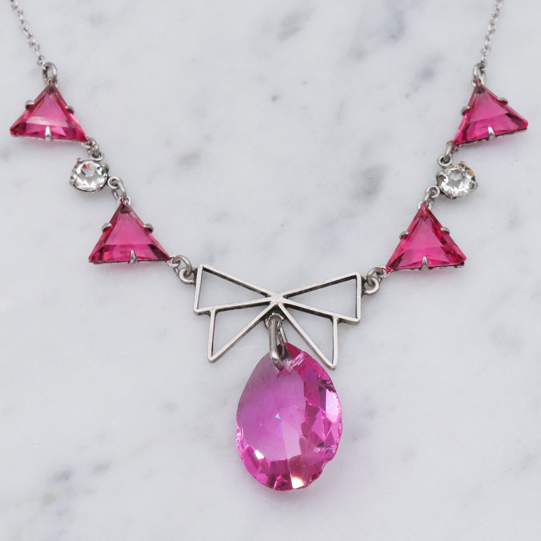 Antique Art Deco sterling silver pink crystal triangle drop necklace