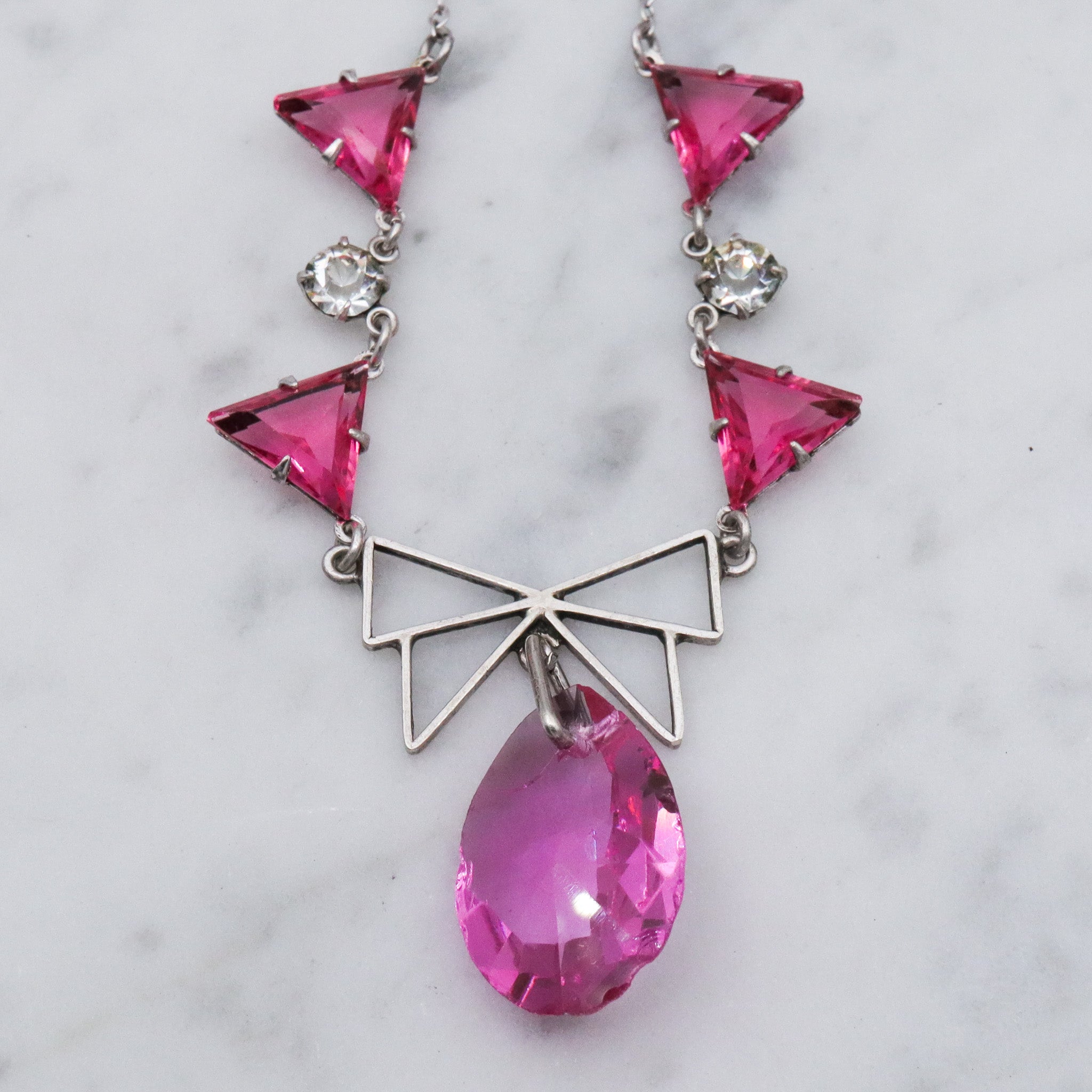 Antique Art Deco sterling silver pink crystal triangle drop necklace