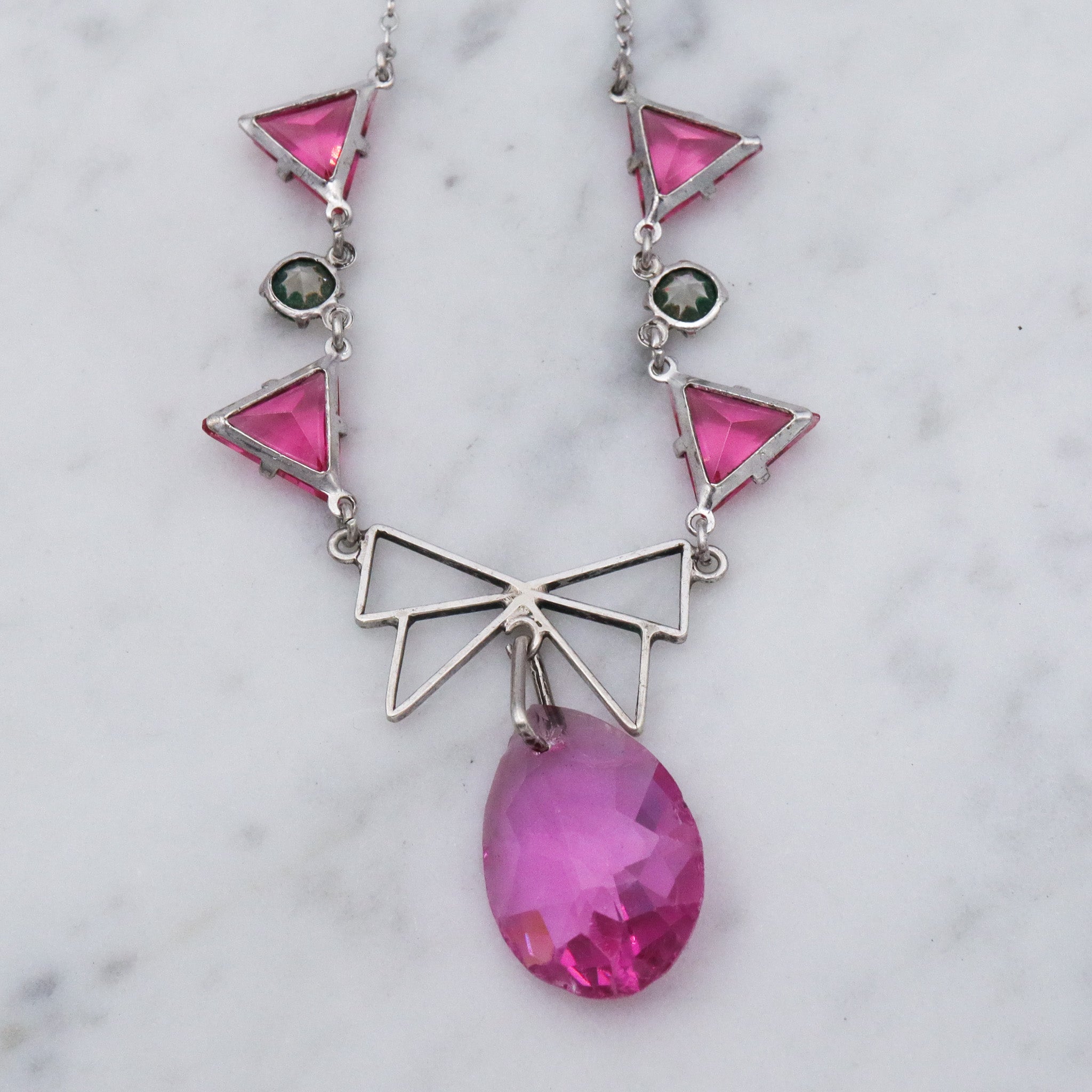 Antique Art Deco sterling silver pink crystal triangle drop necklace