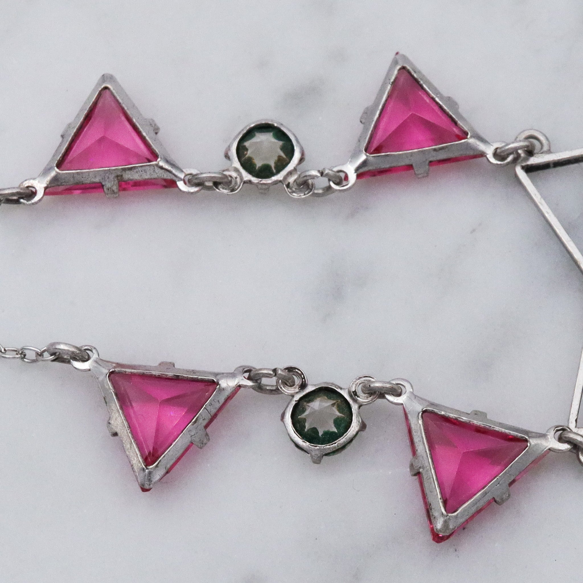 Antique Art Deco sterling silver pink crystal triangle drop necklace