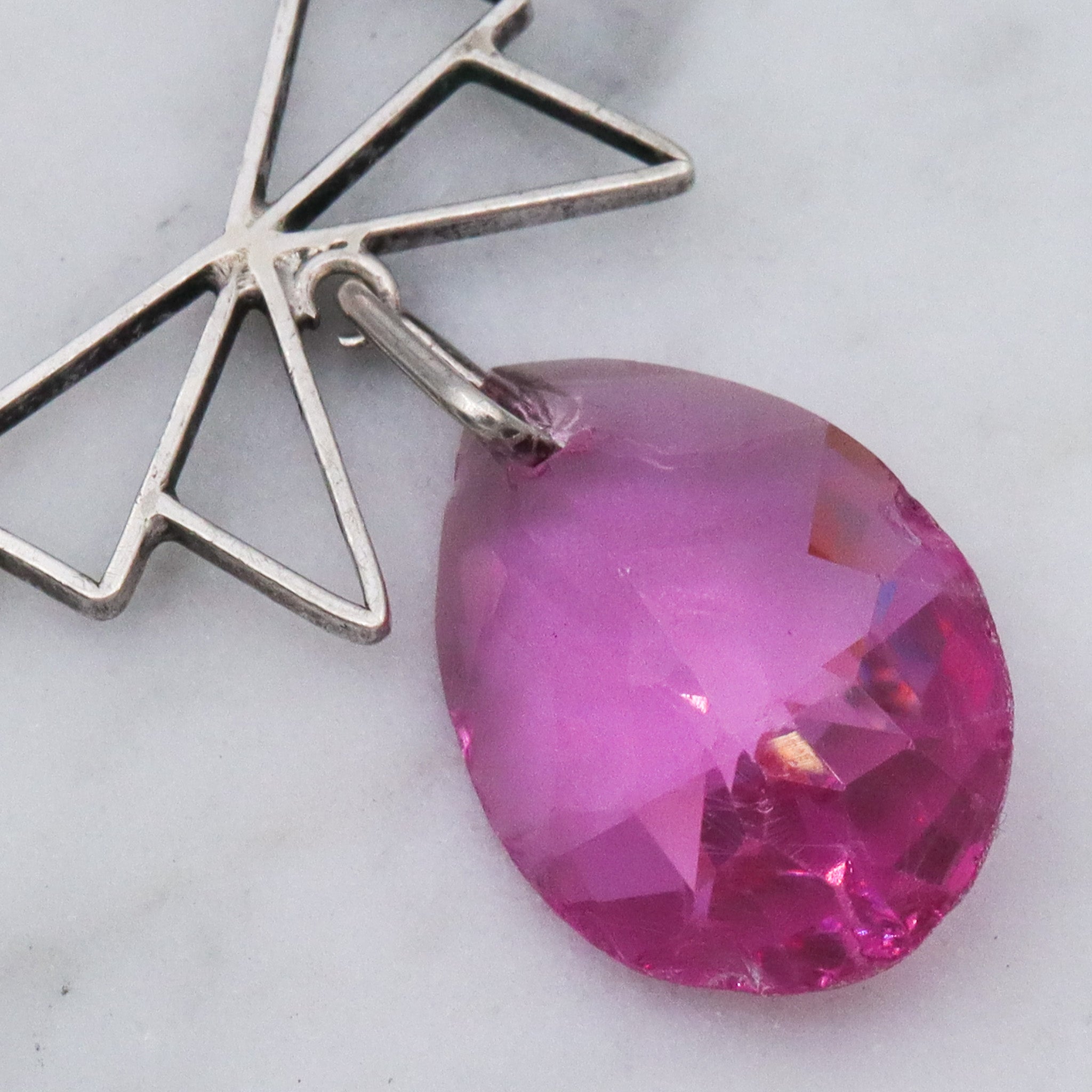 Antique Art Deco sterling silver pink crystal triangle drop necklace