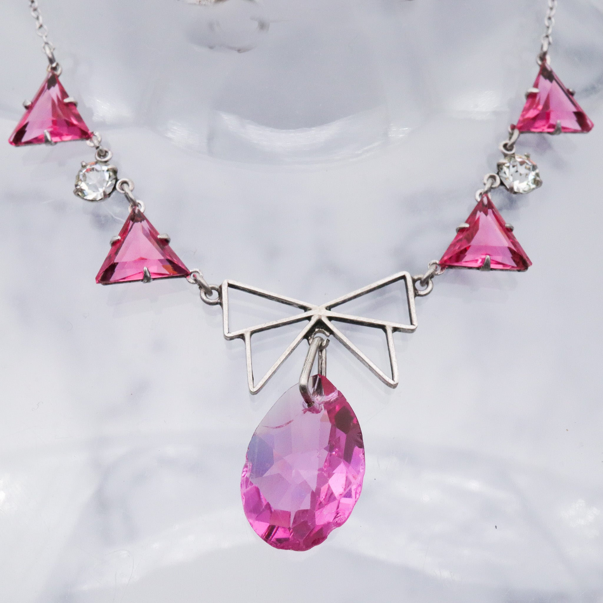 Antique Art Deco sterling silver pink crystal triangle drop necklace
