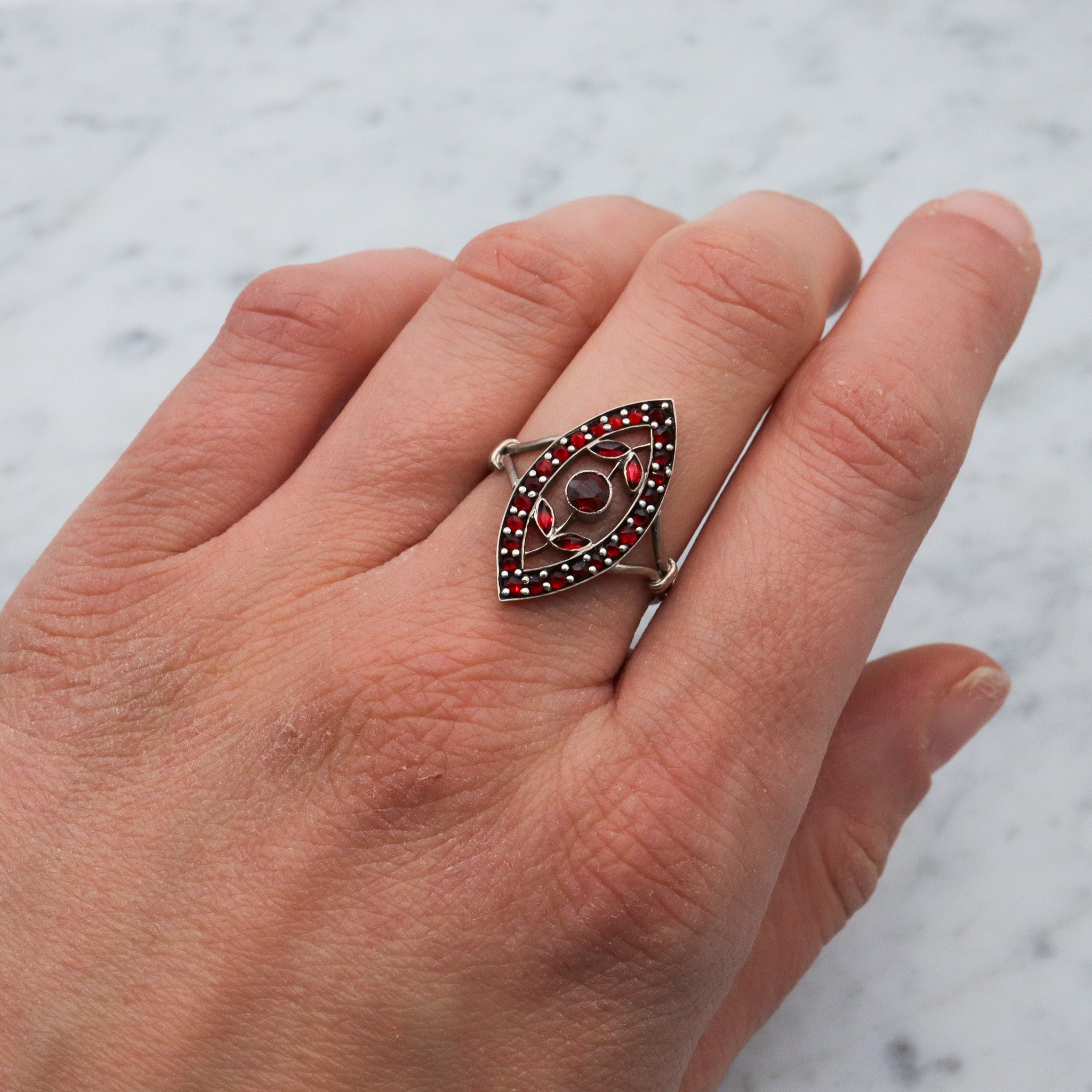 Antique sterling silver Bohemian rose cut garnet navette ring, sz 7.75