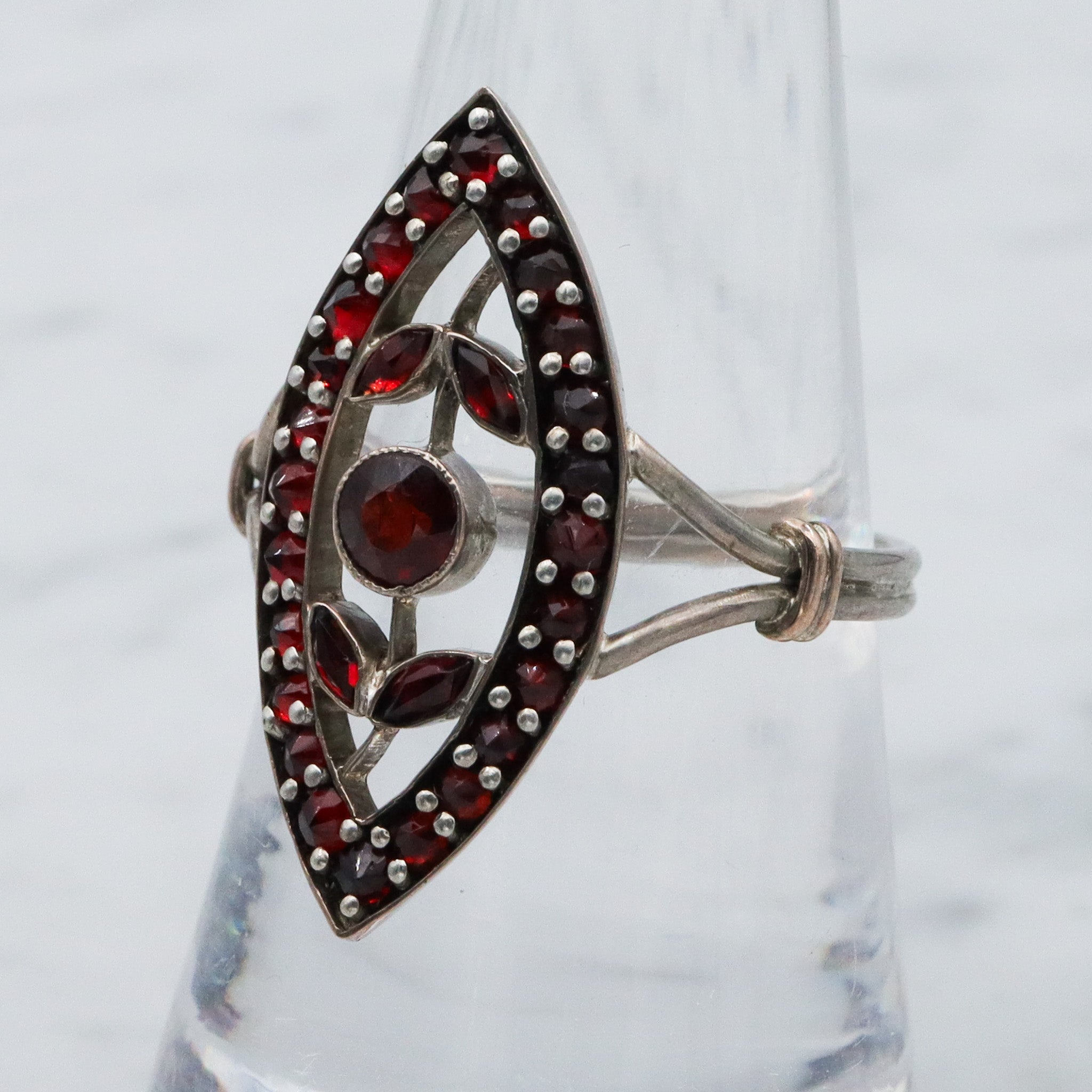 Antique sterling silver Bohemian rose cut garnet navette ring, sz 7.75