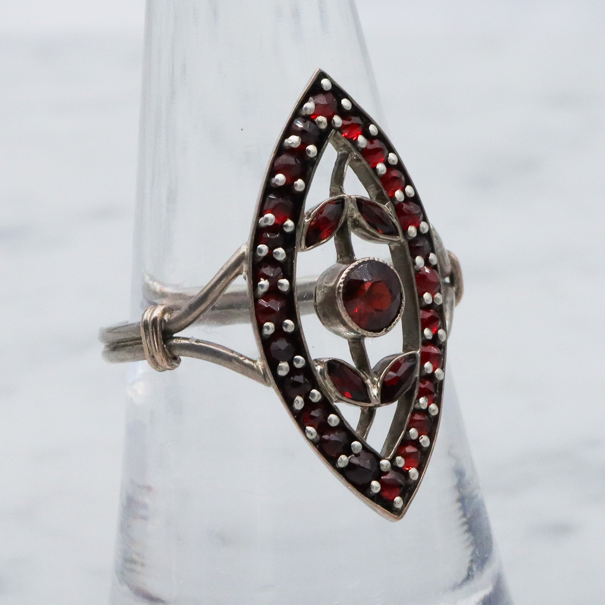 Antique sterling silver Bohemian rose cut garnet navette ring, sz 7.75