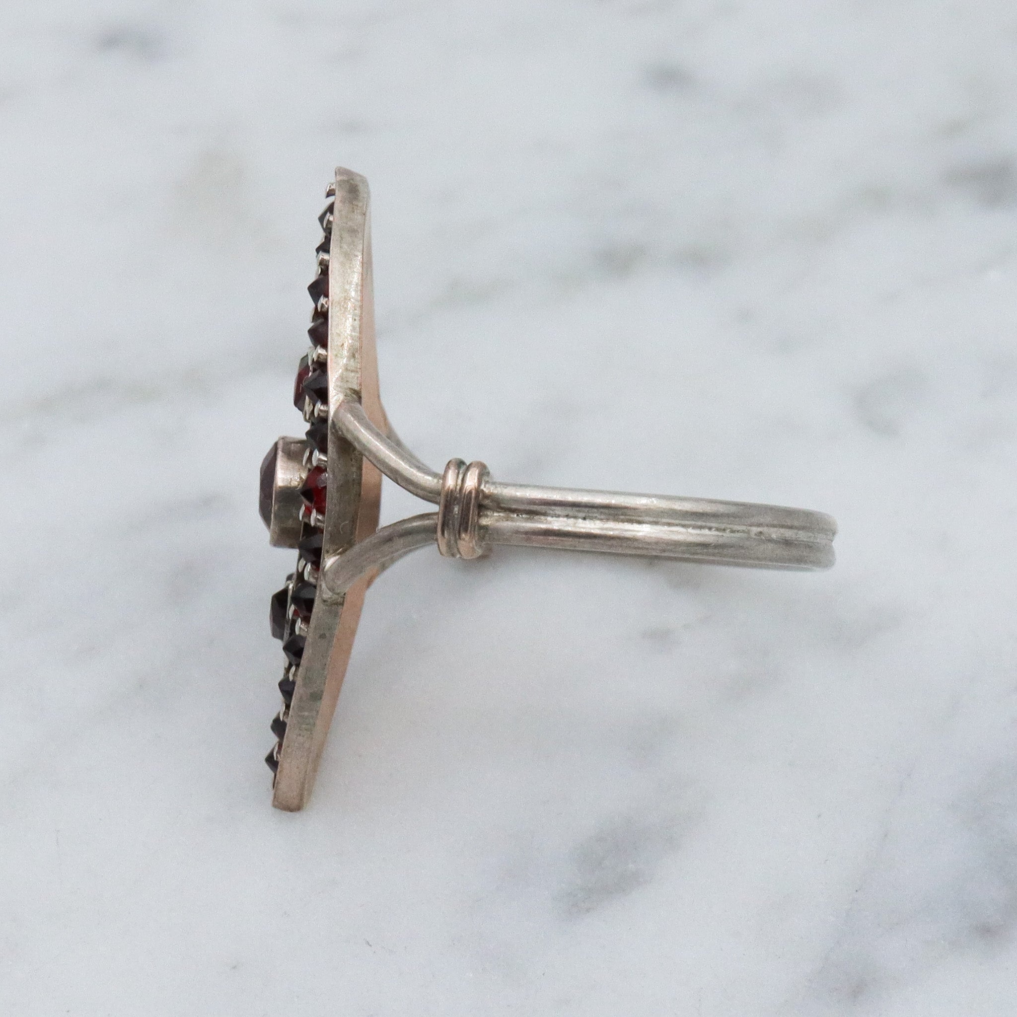 Antique sterling silver Bohemian rose cut garnet navette ring, sz 7.75