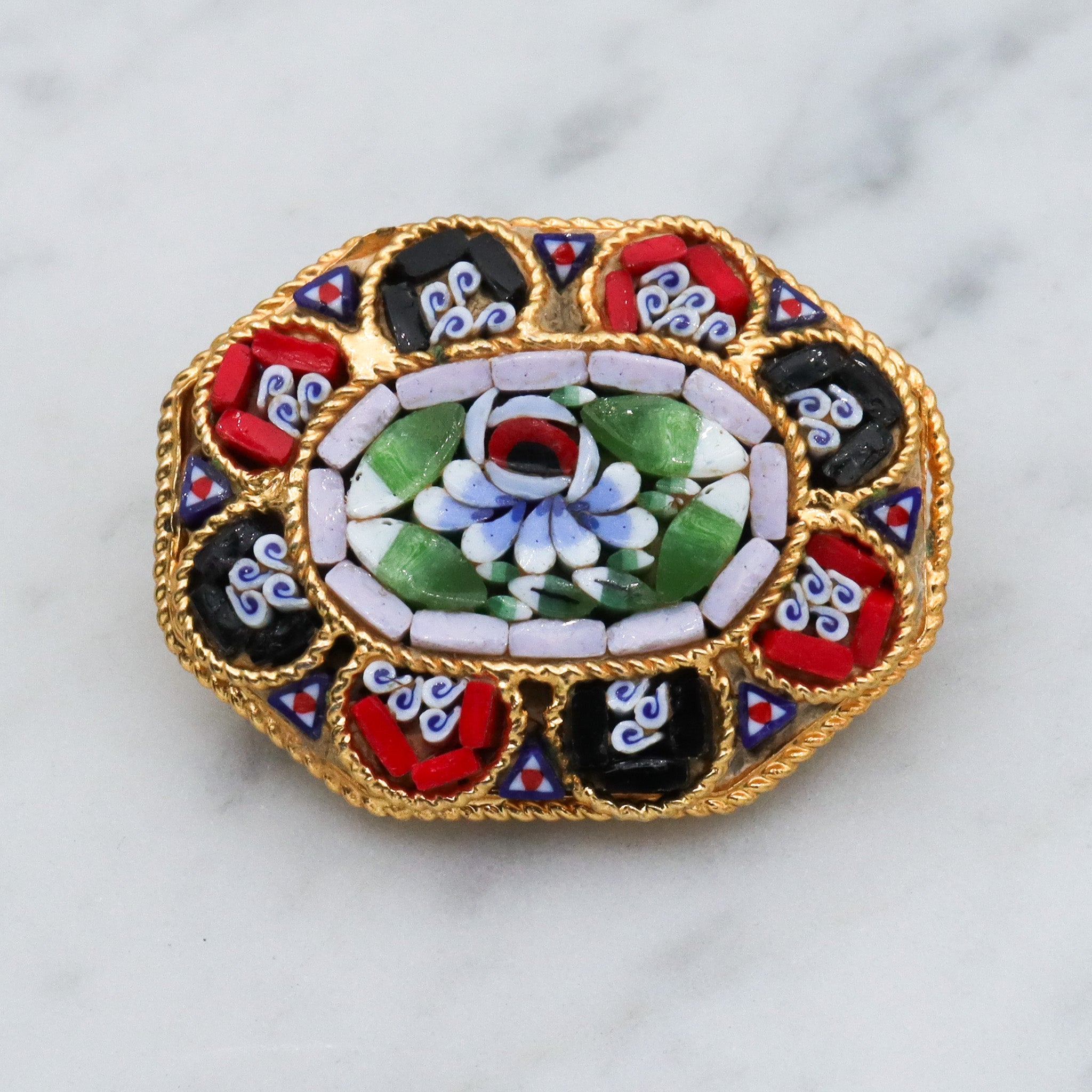 Vintage Italian micro mosaic tile gold plated brooch