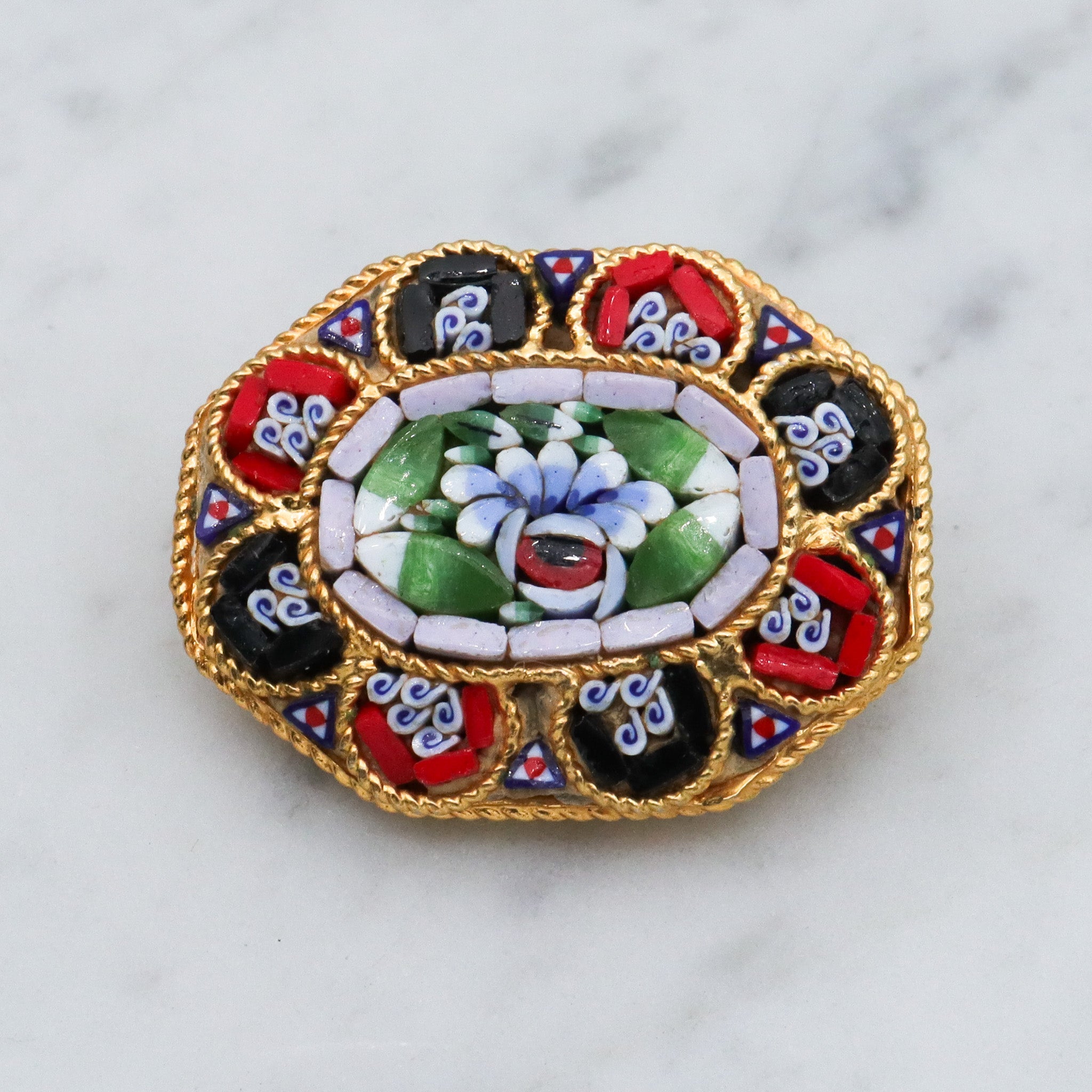 Vintage Italian micro mosaic tile gold plated brooch