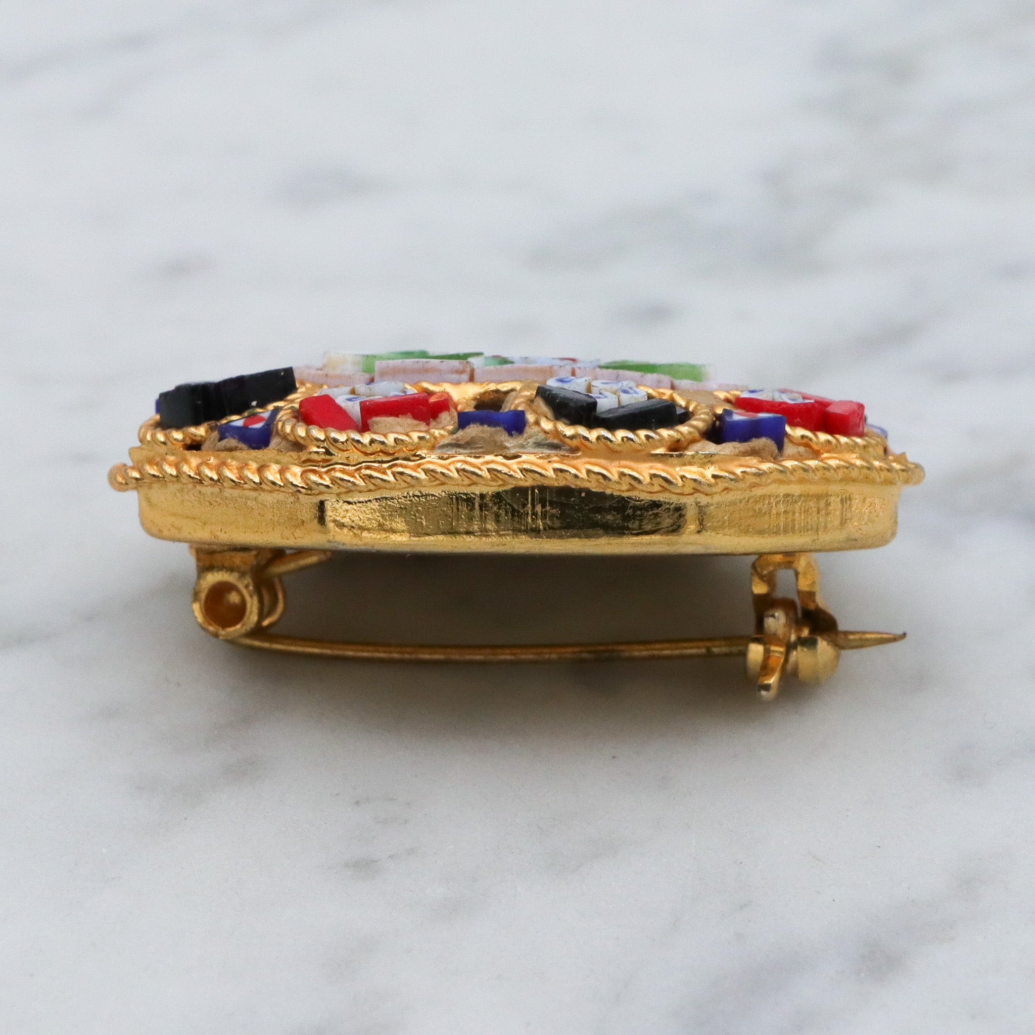 Vintage Italian micro mosaic tile gold plated brooch