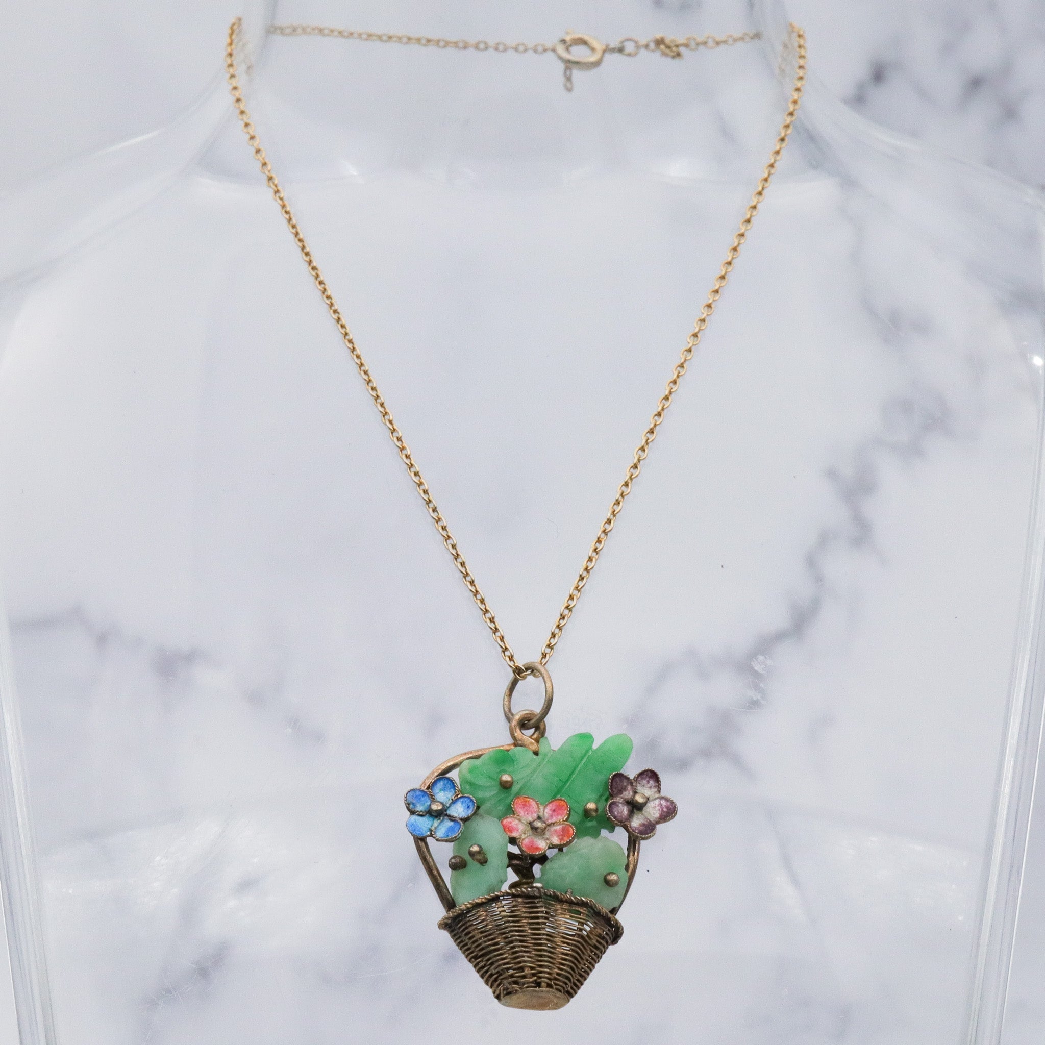 Antique Chinese gilt silver jade & enamel flower basket pendant