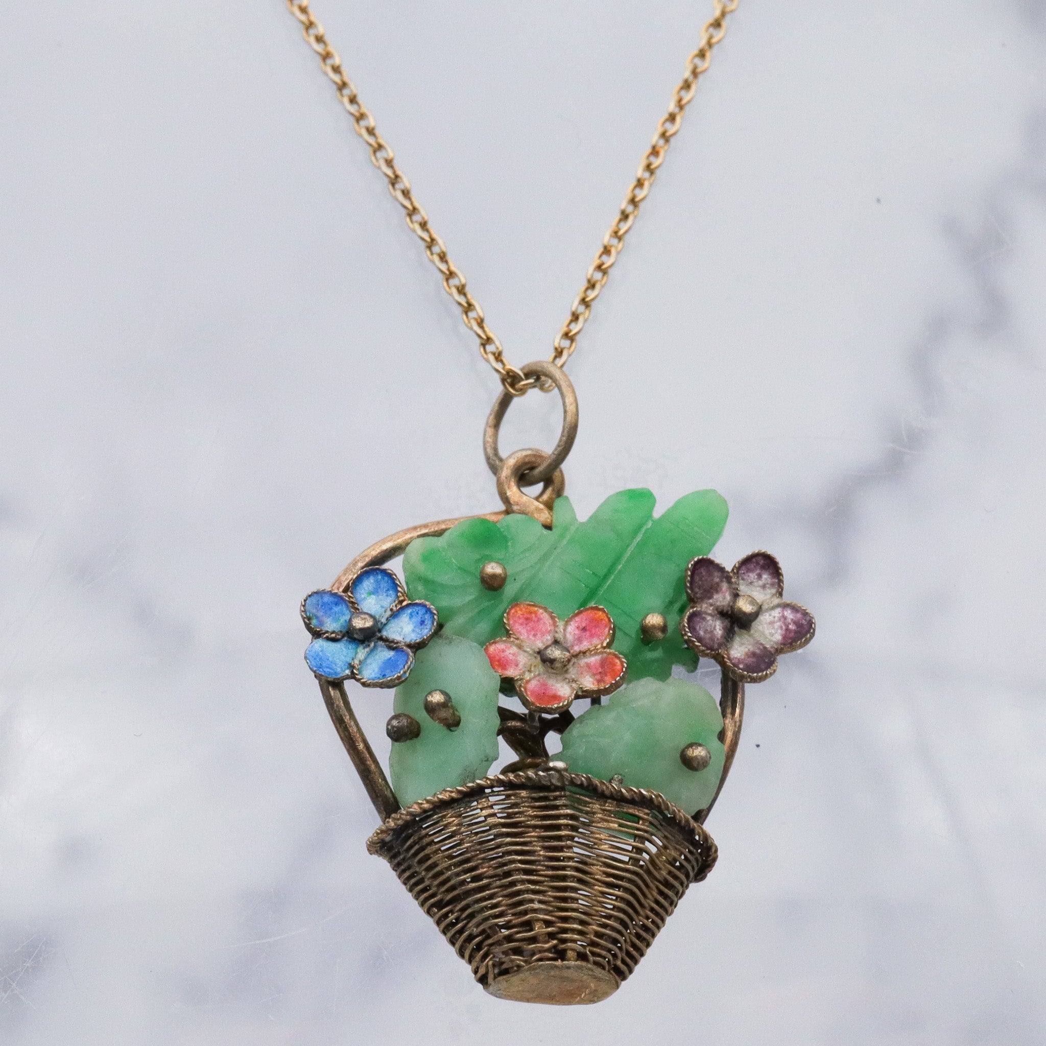 Antique Chinese gilt silver jade & enamel flower basket pendant