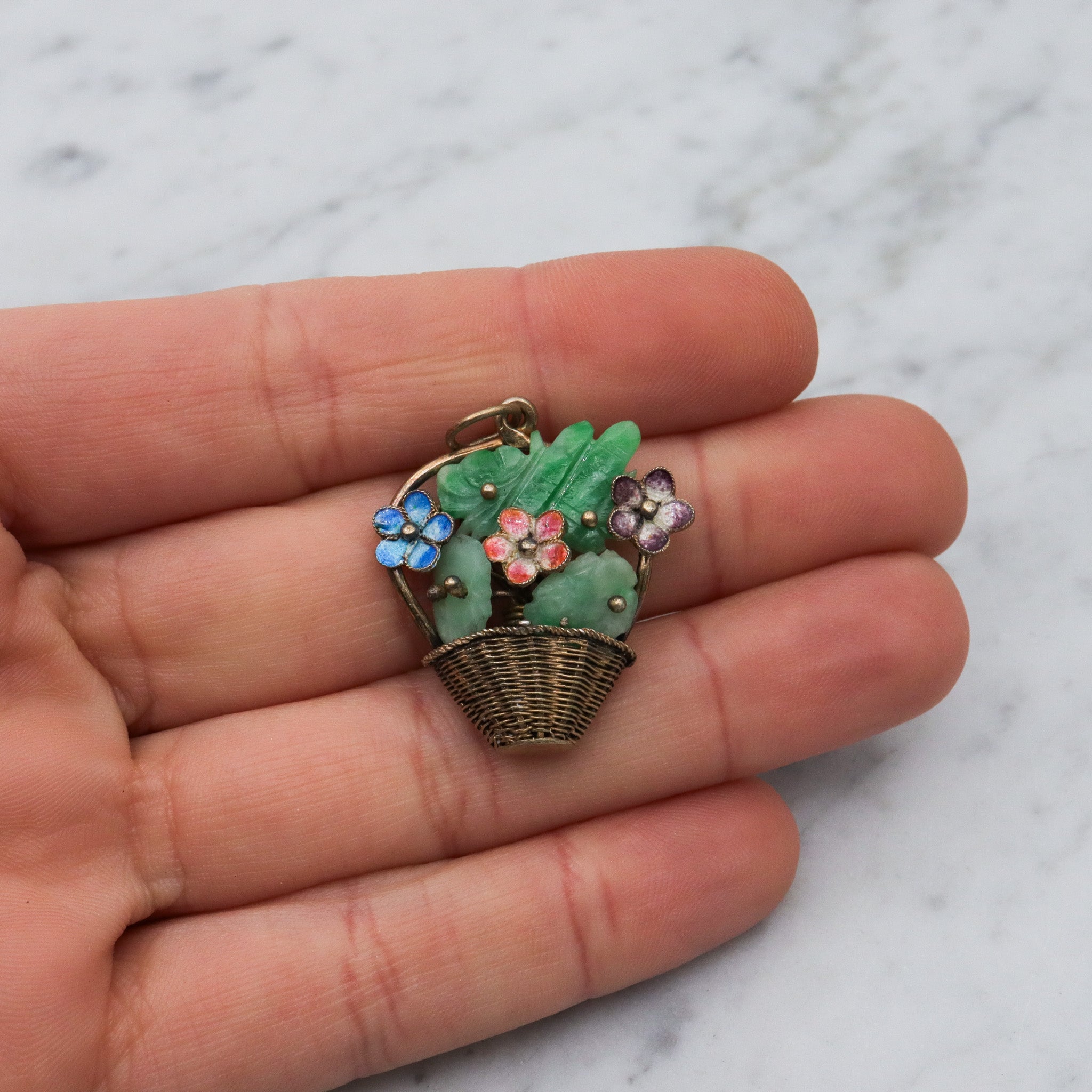 Antique Chinese gilt silver jade & enamel flower basket pendant