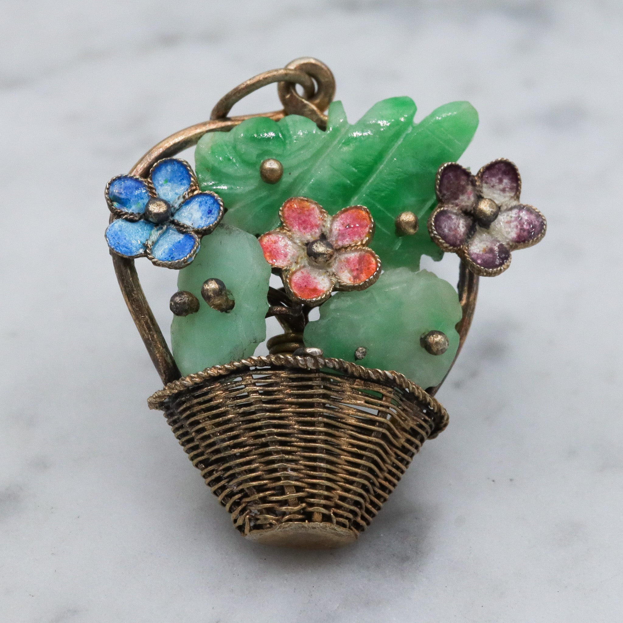 Antique Chinese gilt silver jade & enamel flower basket pendant