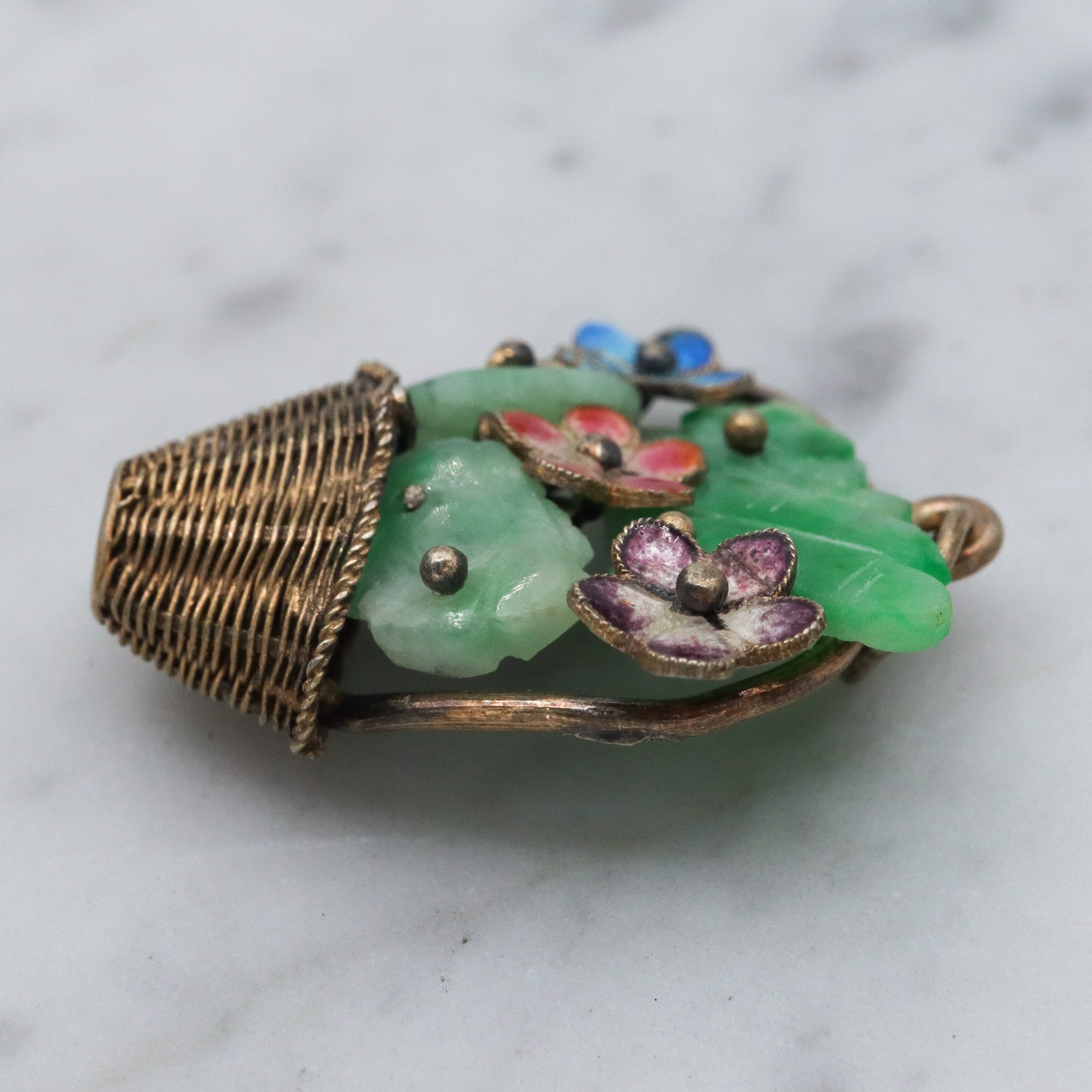 Antique Chinese gilt silver jade & enamel flower basket pendant