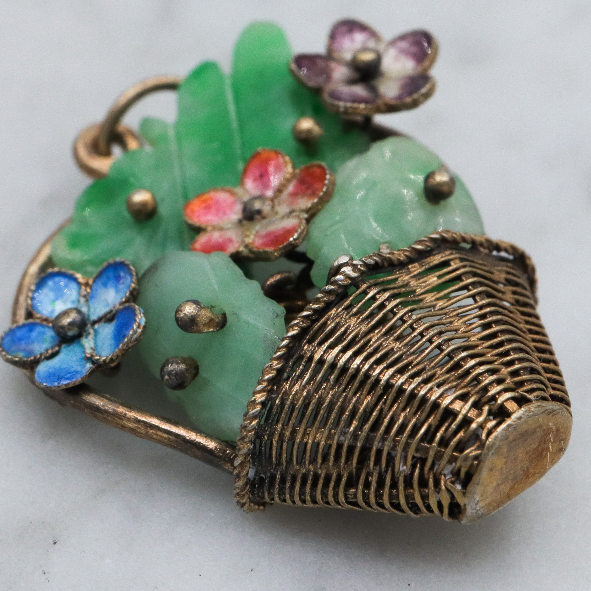 Antique Chinese gilt silver jade & enamel flower basket pendant