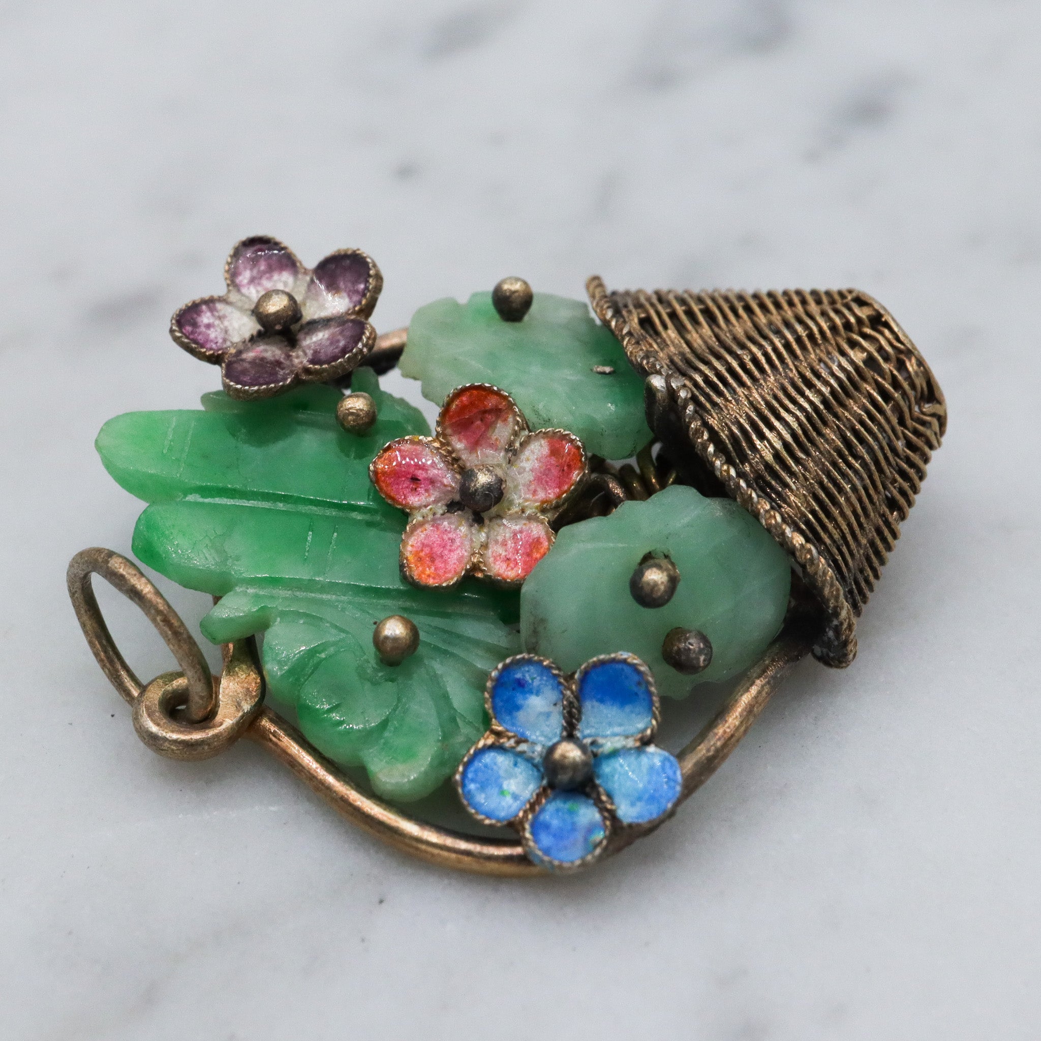 Antique Chinese gilt silver jade & enamel flower basket pendant