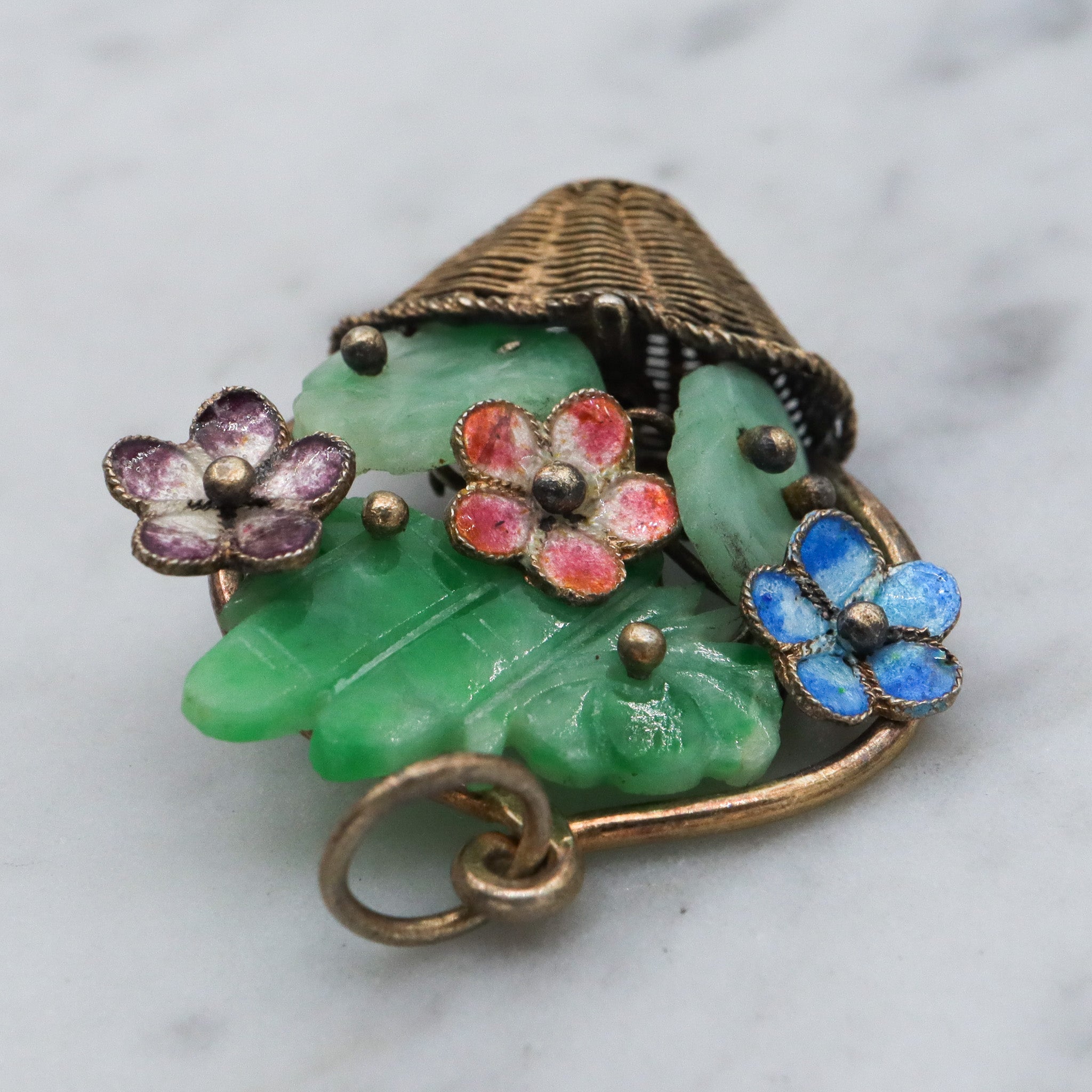 Antique Chinese gilt silver jade & enamel flower basket pendant