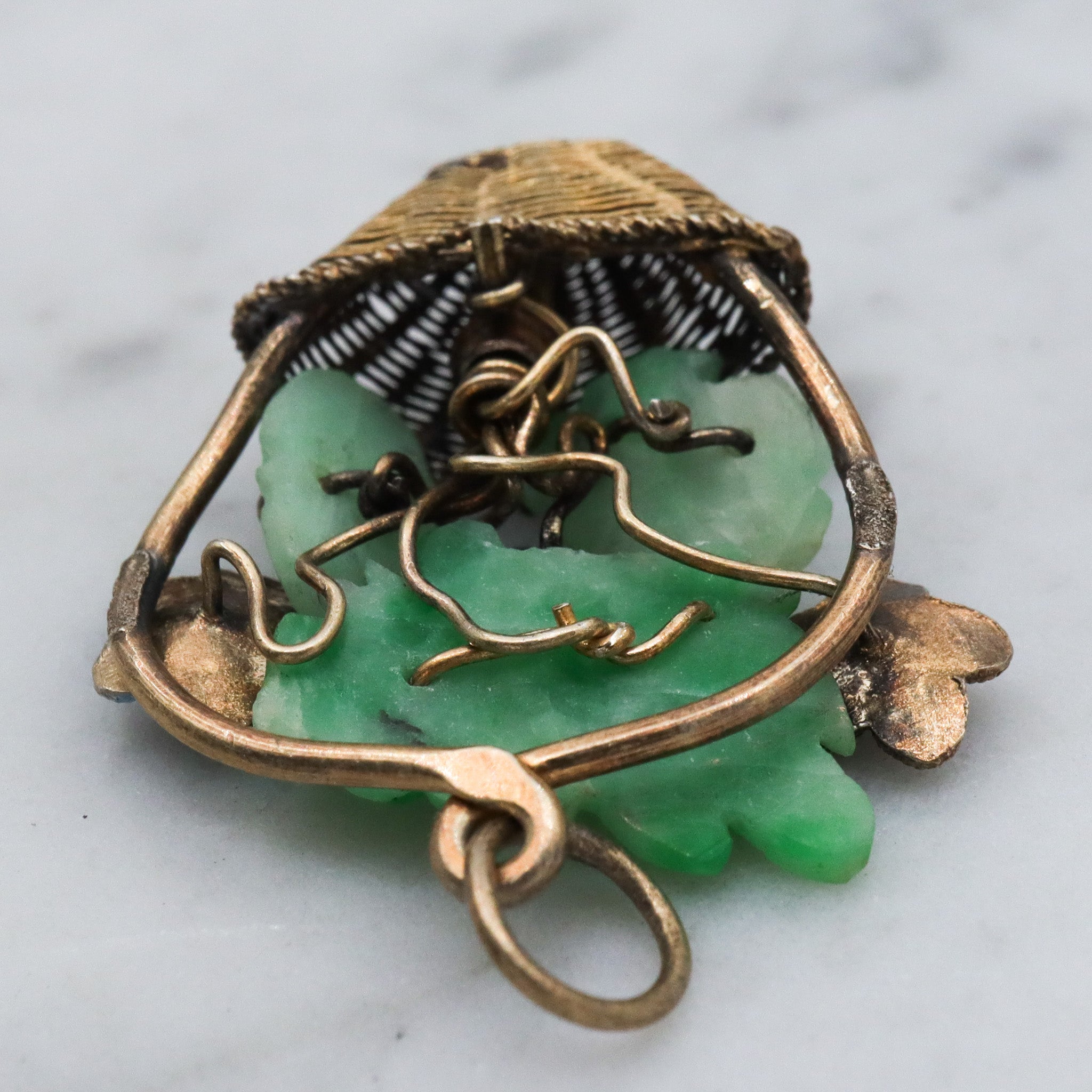 Antique Chinese gilt silver jade & enamel flower basket pendant