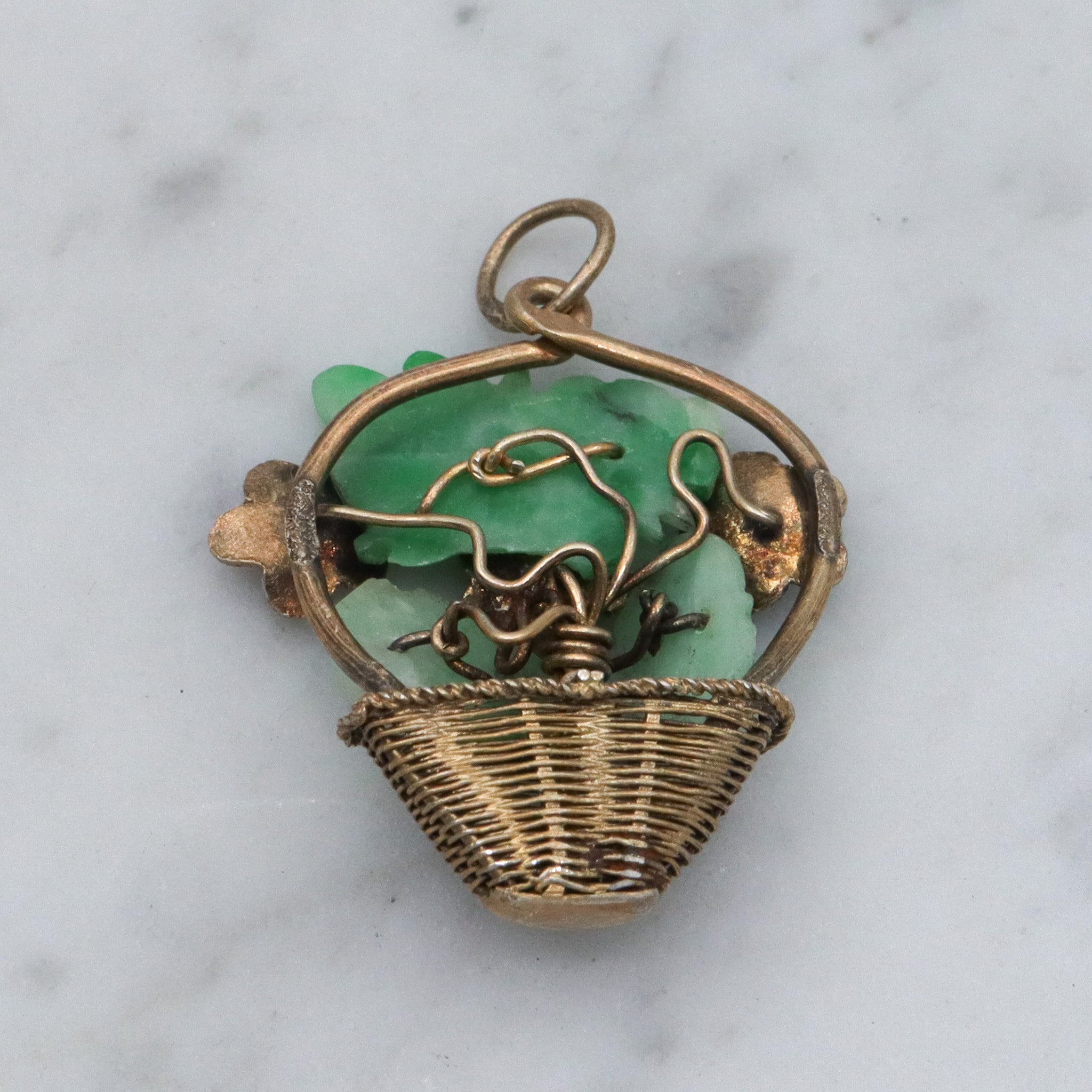 Antique Chinese gilt silver jade & enamel flower basket pendant