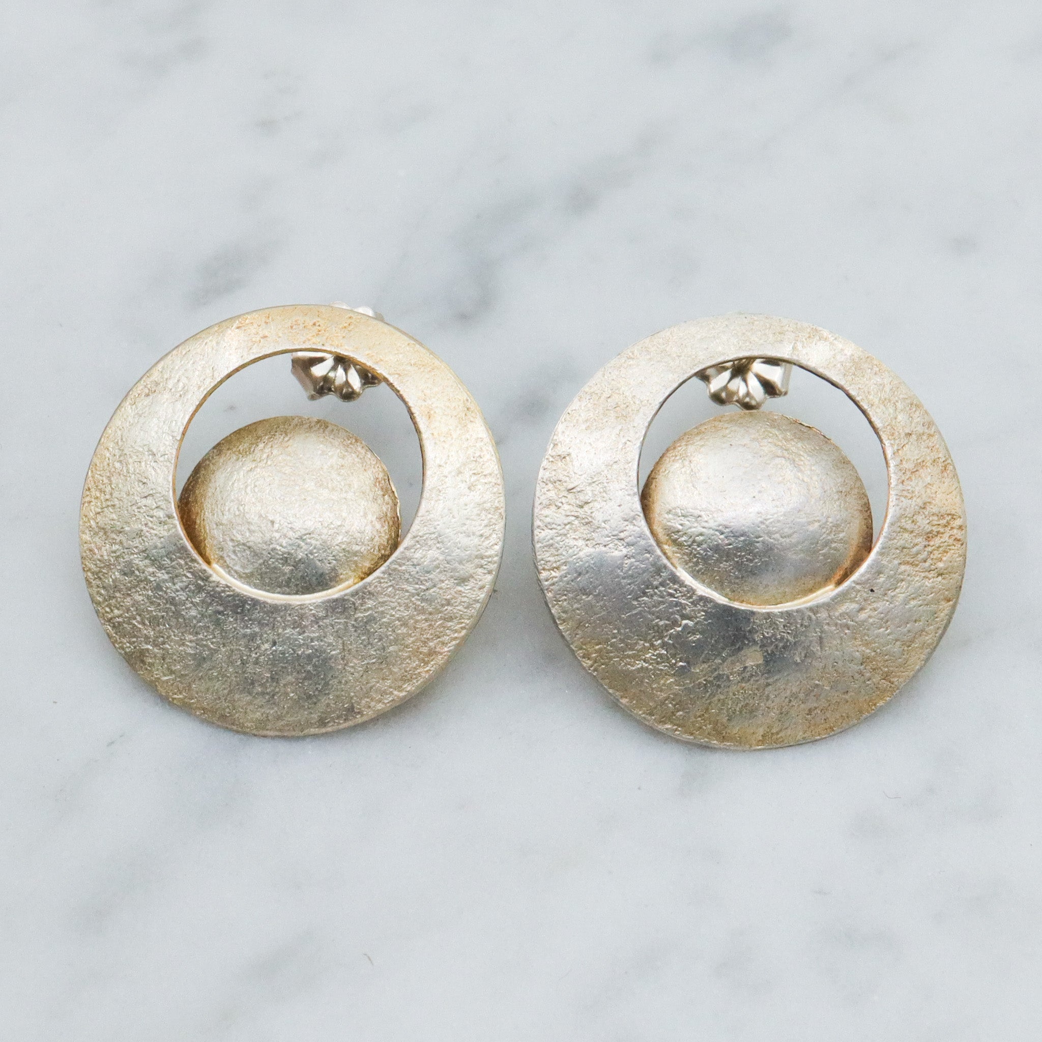 Mid Century gold vermeil sterling silver disc earrings, artist signed