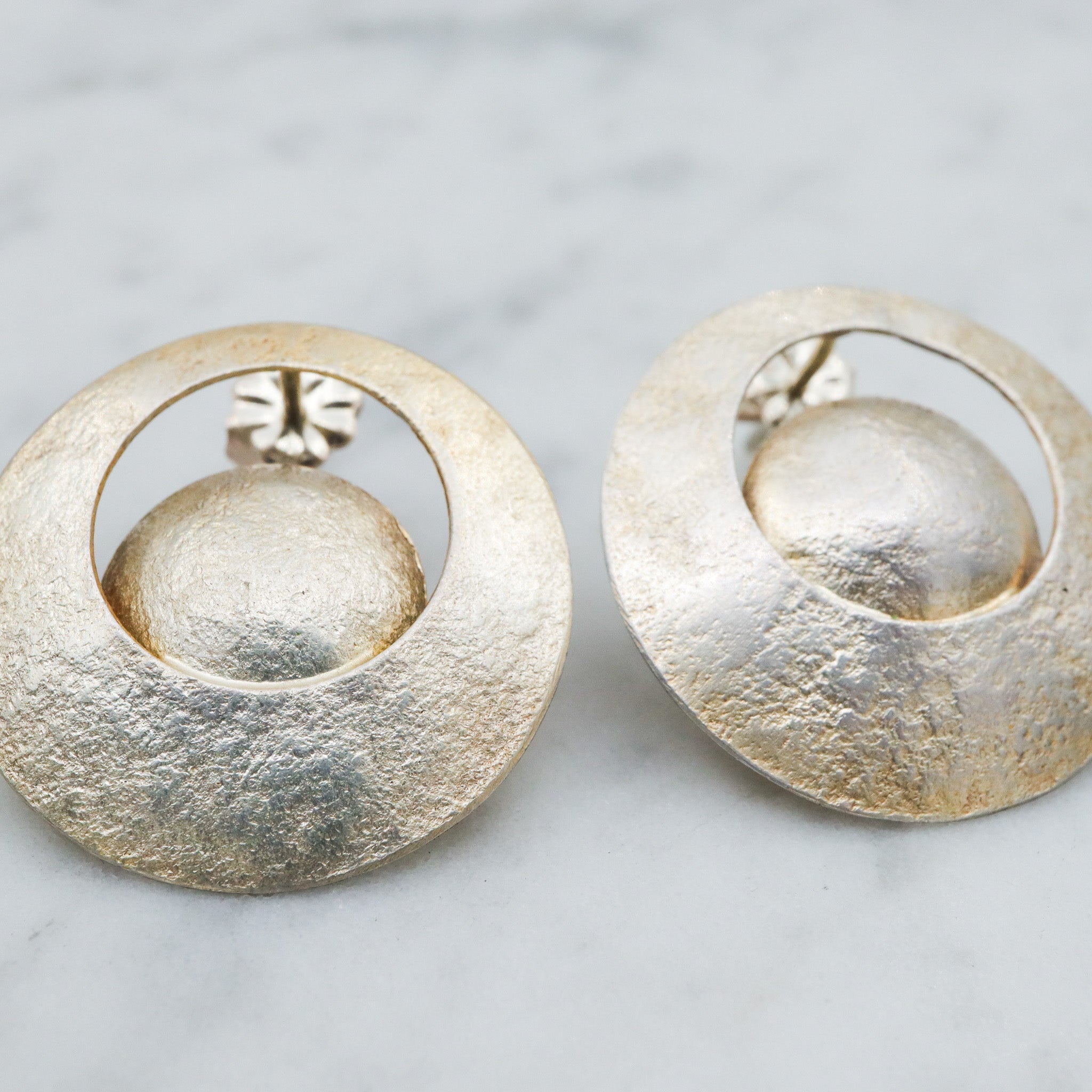 Mid Century gold vermeil sterling silver disc earrings, artist signed