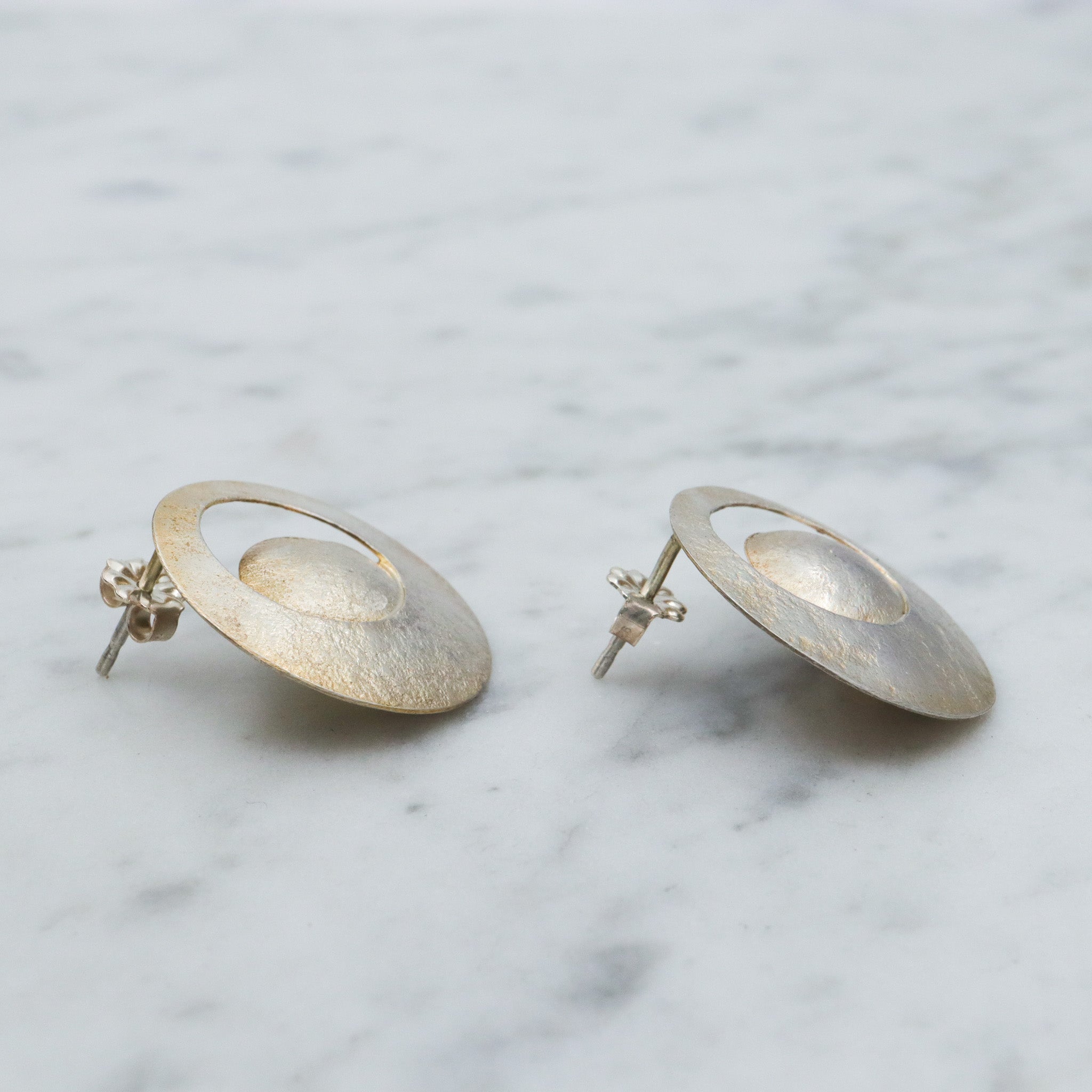 Mid Century gold vermeil sterling silver disc earrings, artist signed