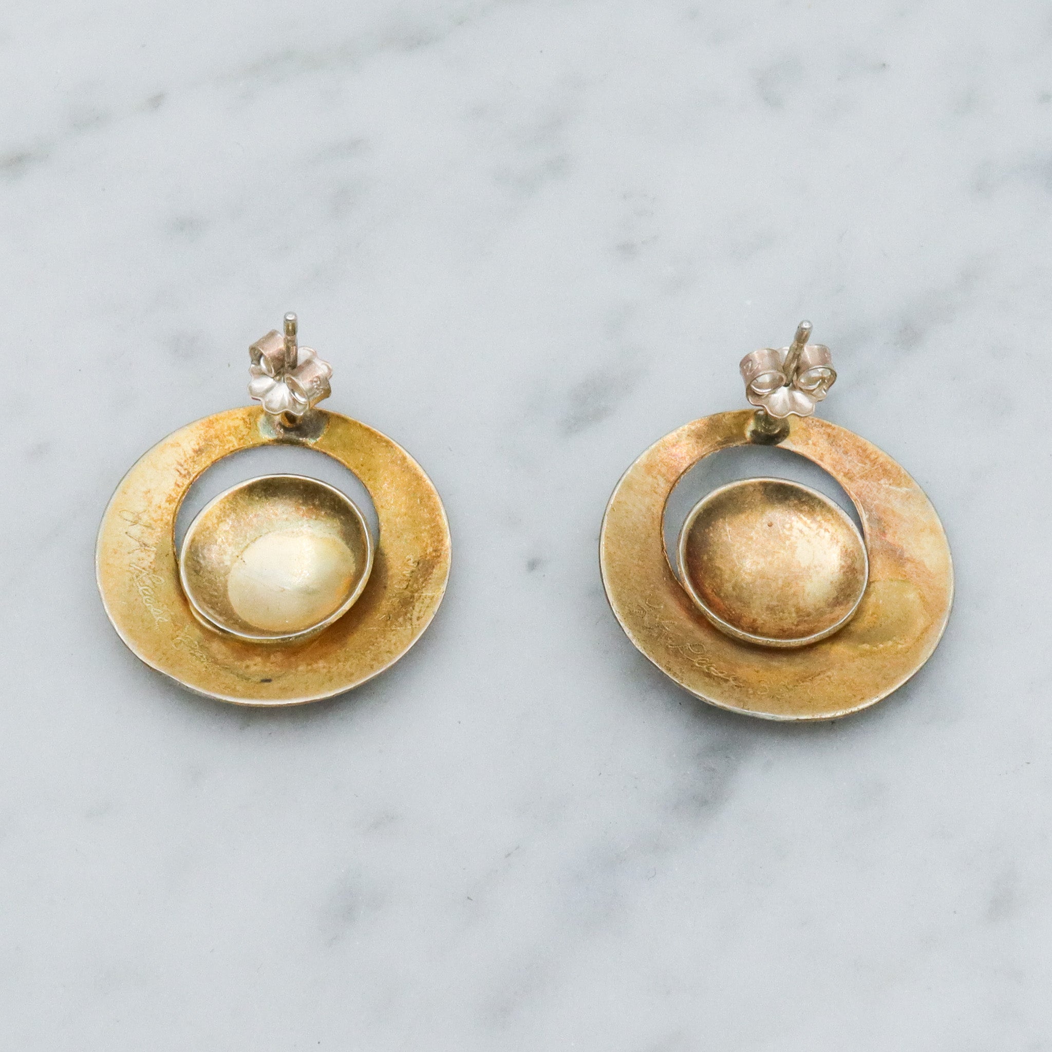 Mid Century gold vermeil sterling silver disc earrings, artist signed